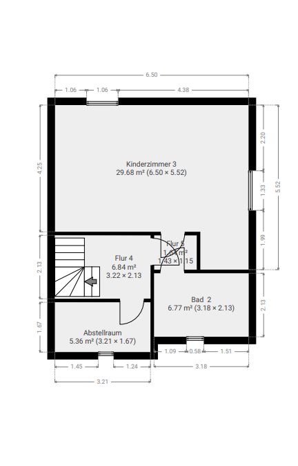 Grundriss mit Kinderzimmer, Bad, Flur, Abstellraum und Treppe.