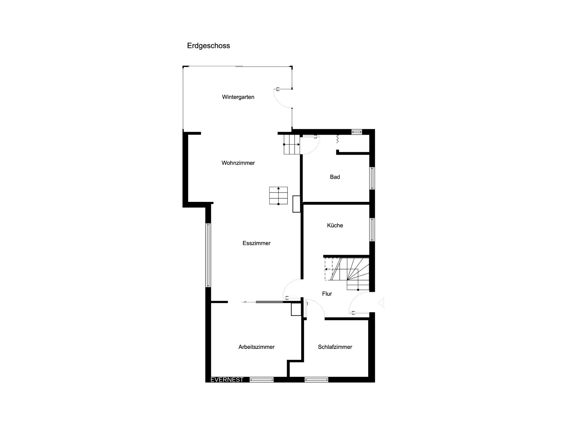 Grundriss des Erdgeschosses mit Wohnzimmer, Wintergarten, Bad, Küche, Flur, Esszimmer, Arbeitszimmer, Schlafzimmer.