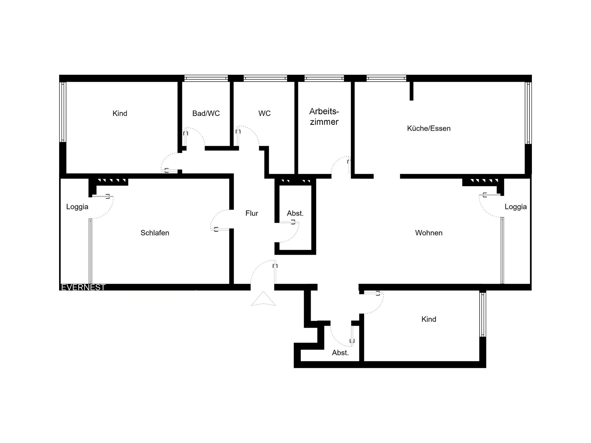 Grundriss einer Wohnung mit mehreren Zimmern, Küche, Bad, Flur, zwei Loggien und Abstellräumen.
