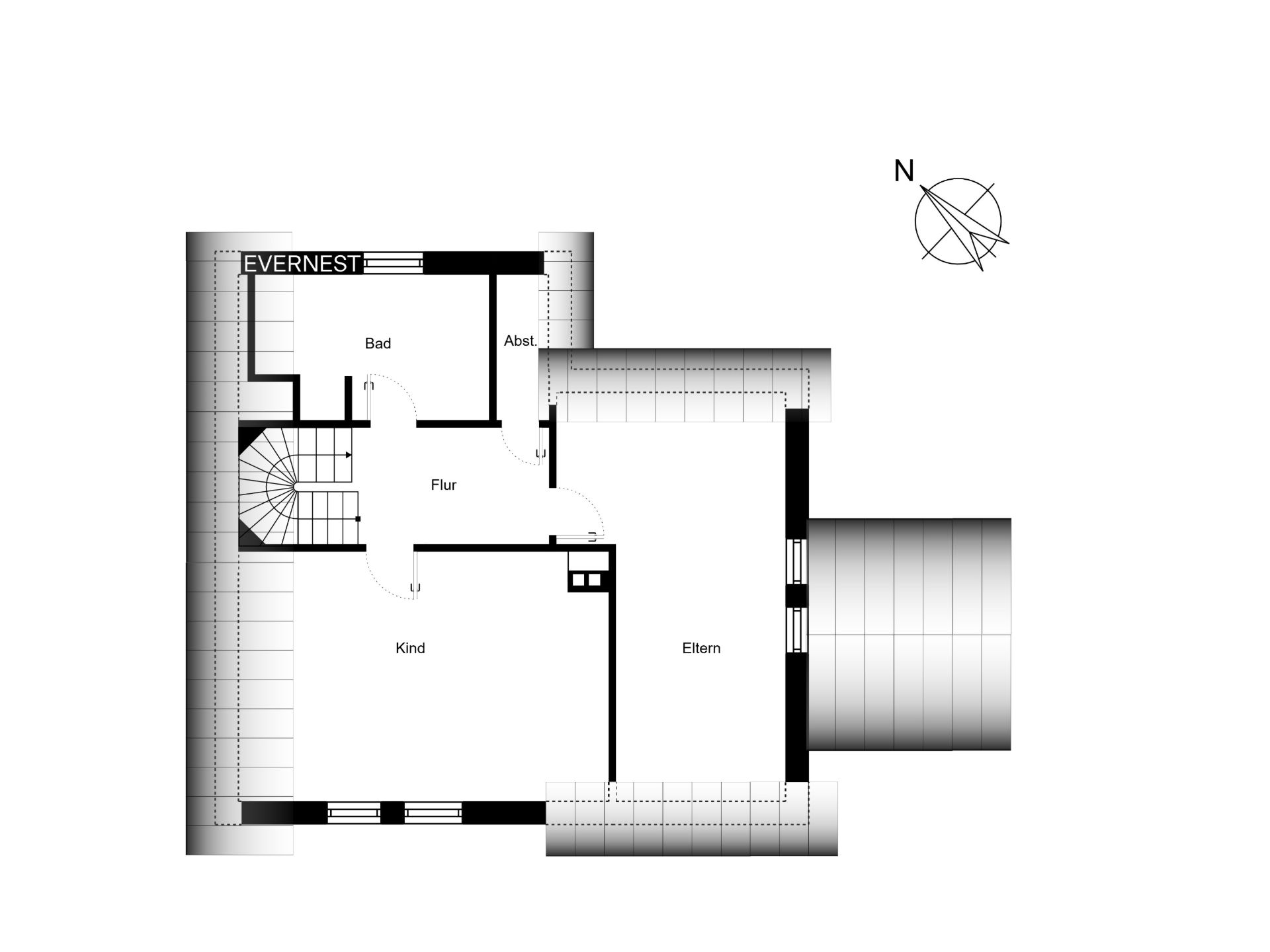 Grundriss mit Flur, Bad, Abstellraum, Eltern- und Kinderzimmer.