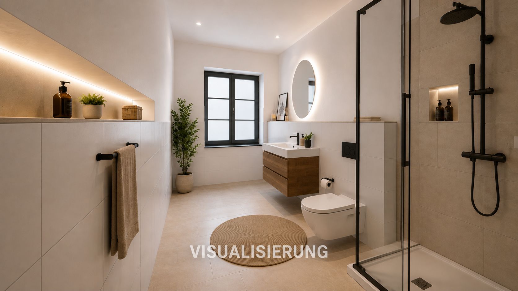 Modernes Badezimmer mit Dusche, WC, Waschbecken, großem Spiegel und Pflanzen.