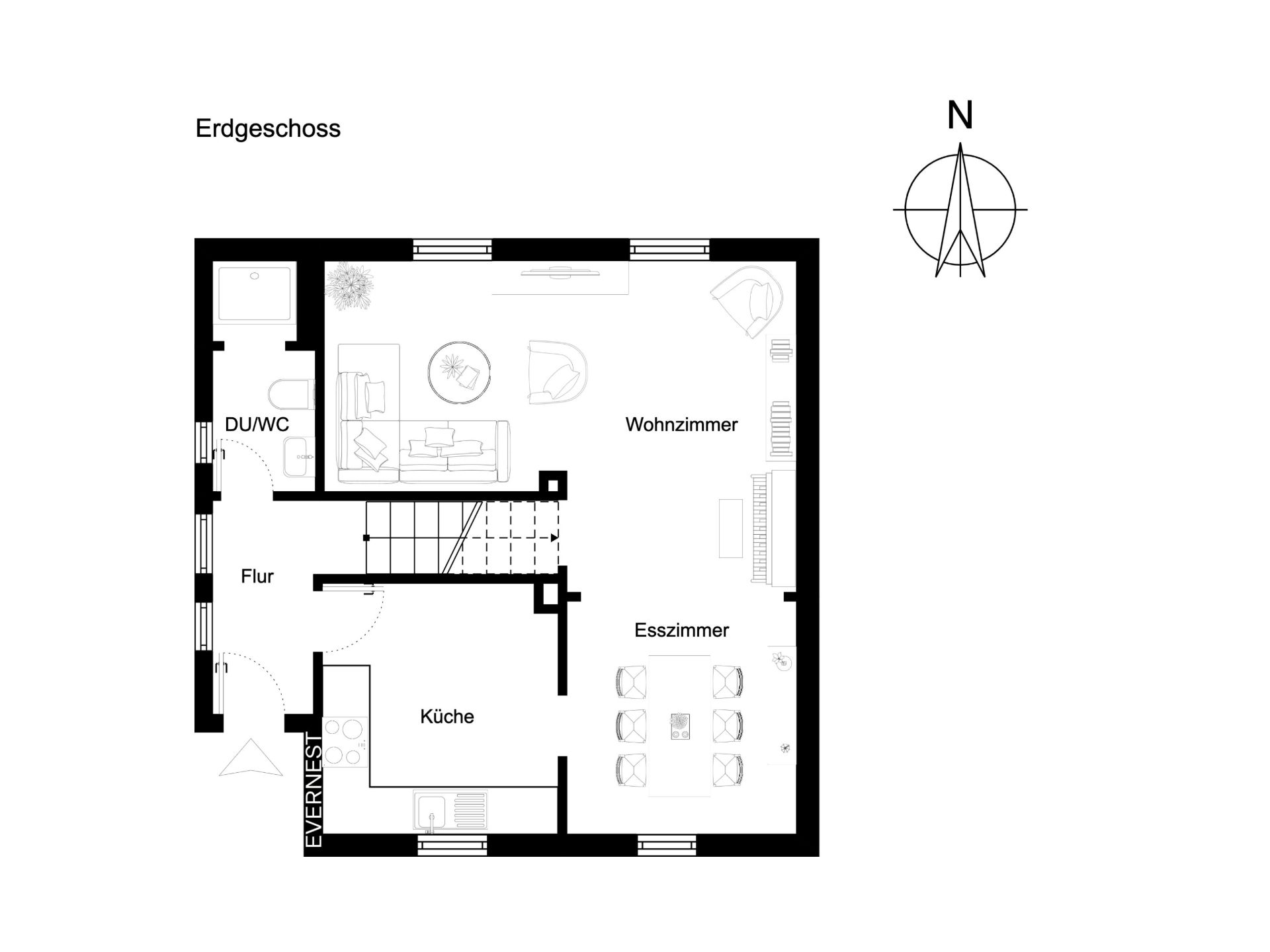 Grundriss des Erdgeschosses mit Küche, Wohnzimmer, Esszimmer, Flur und Bad.