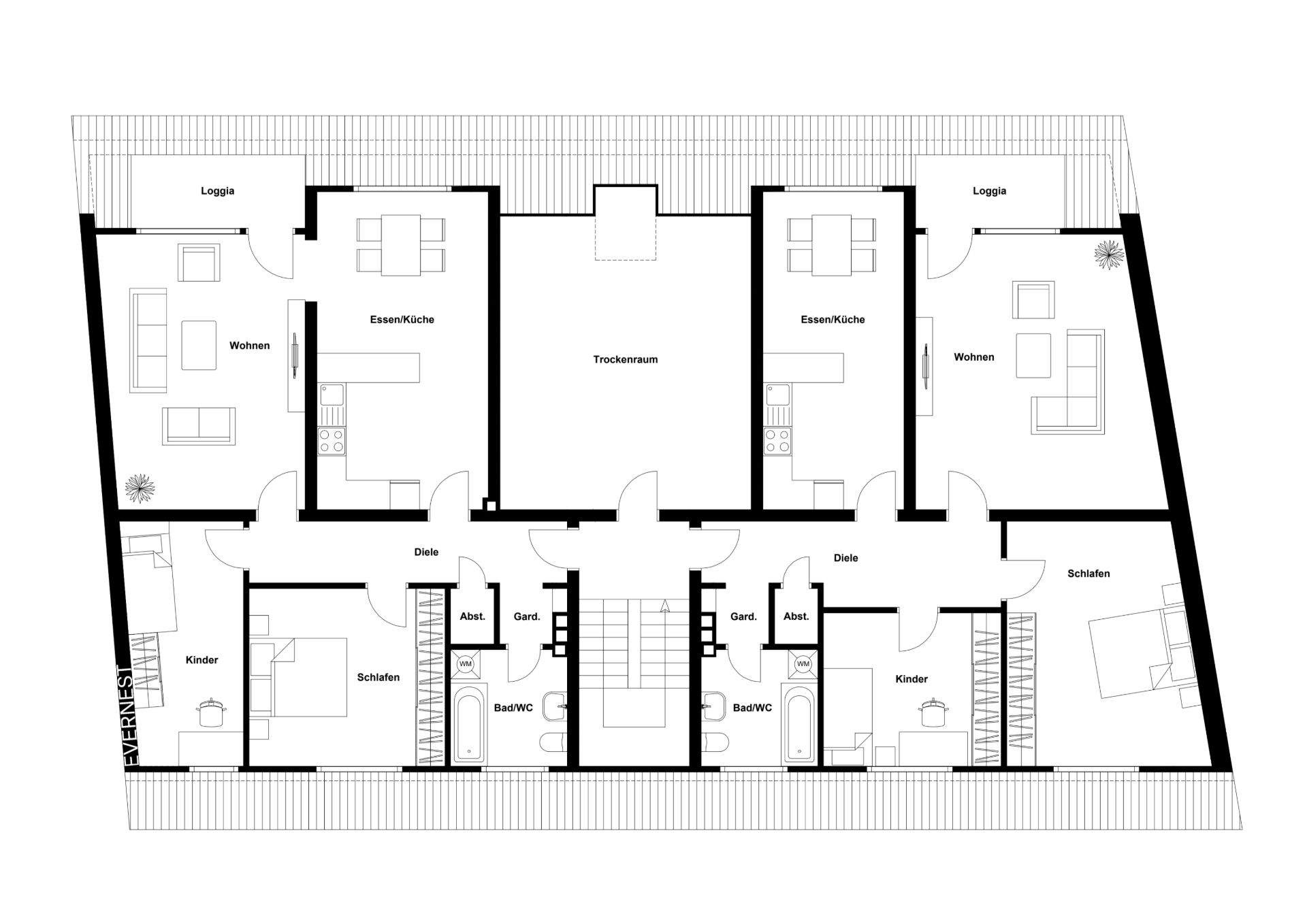 Grundriss einer Wohnung mit Wohnzimmer, Schlafzimmer, Kinderzimmer, Küche und Balkon.