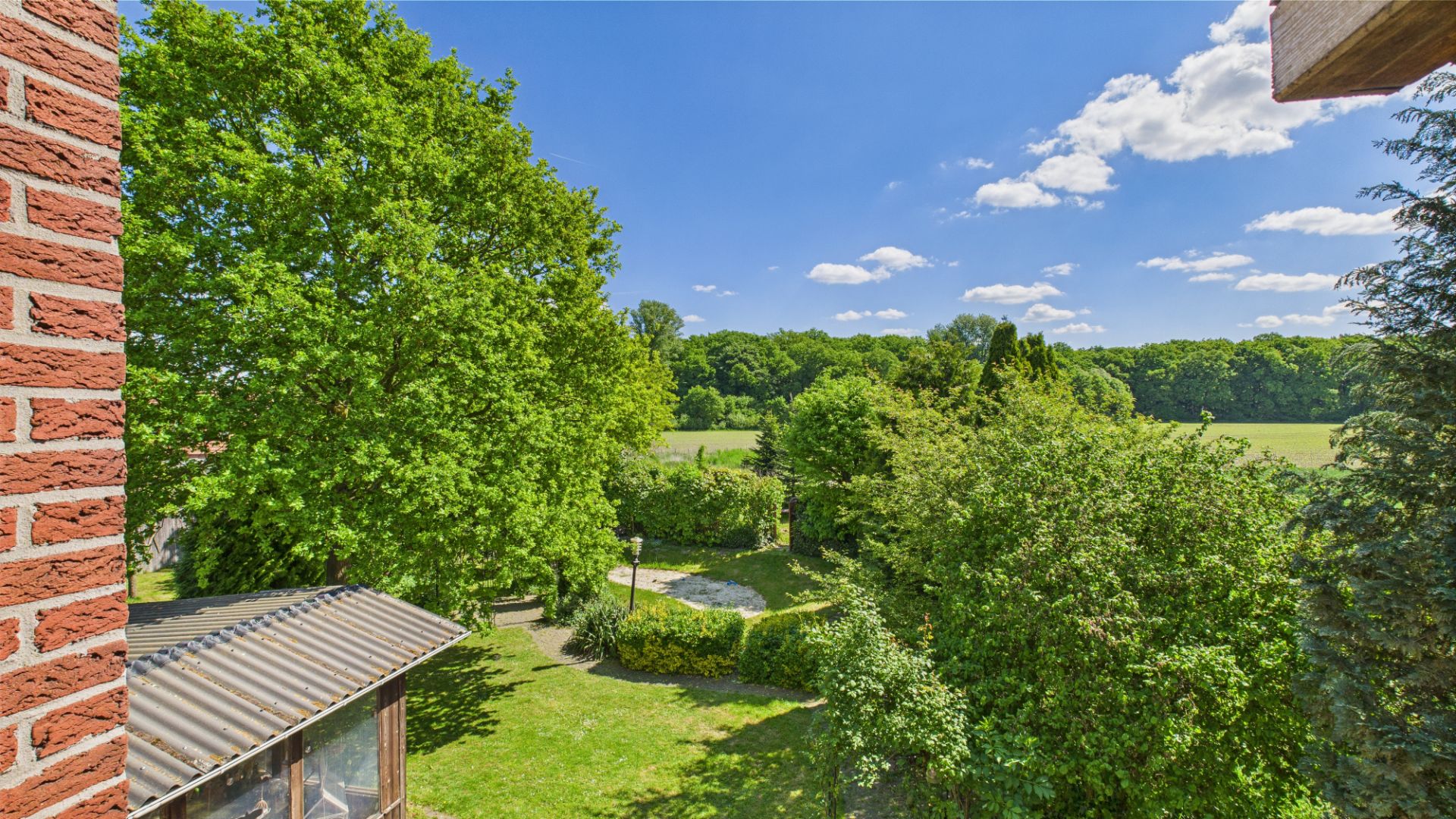 Blick von einem Haus auf einen Garten mit viel Grün, Bäumen und Wiese an einem sonnigen Tag.