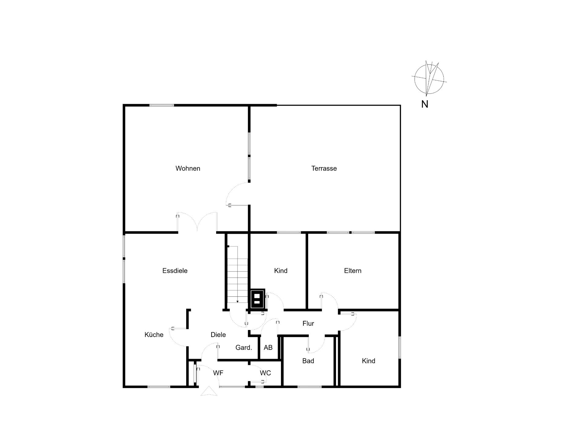 Grundriss einer Wohnung mit Terrasse, Wohnzimmer, Küche, Essdiele, Bad und mehreren Schlafzimmern.