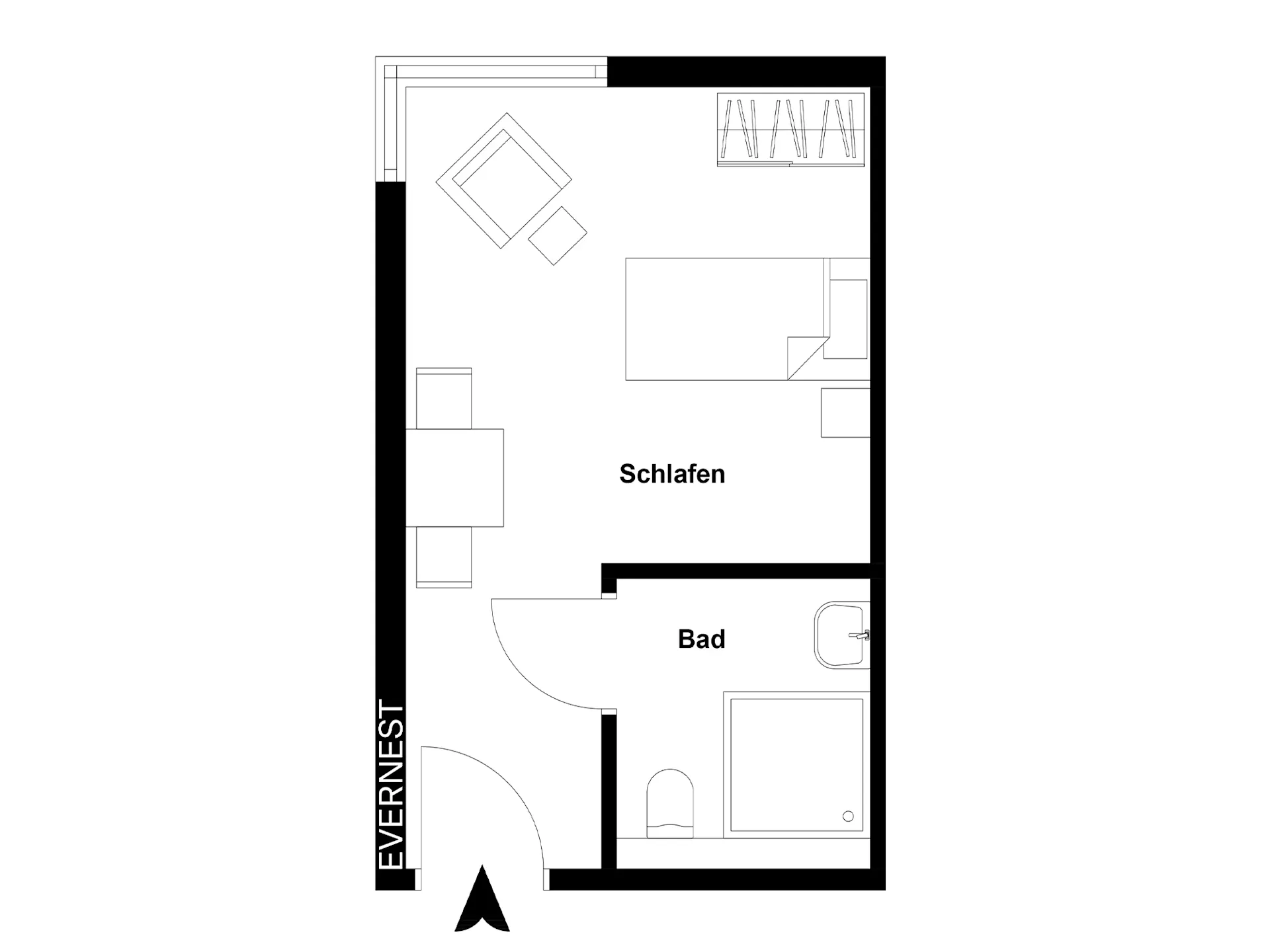 Grundriss mit Schlafbereich, Bad, Bett, Stuhl, Tisch und Schrank.