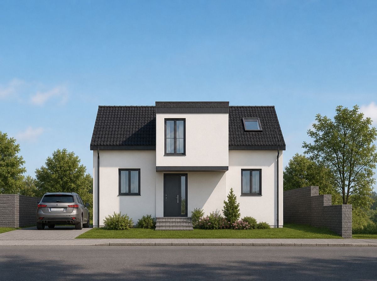 Modernes Einfamilienhaus mit schwarzem Dach, Vorgarten und geparktem Auto auf der linken Seite.