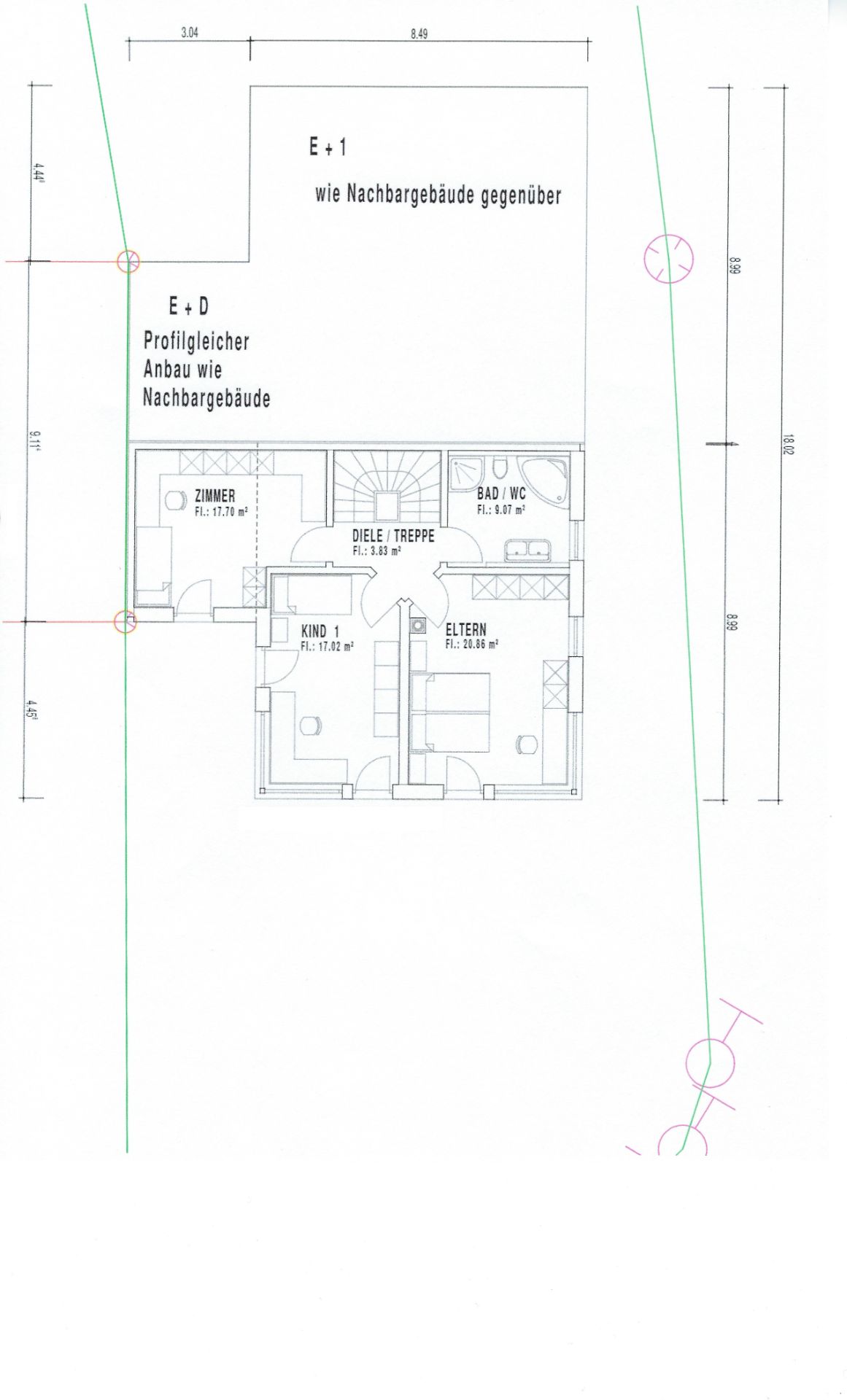 Grundriss eines Wohnhauses mit Zimmer, Bad/WC, Eltern- und Kinderzimmer sowie Diele/Treppe.