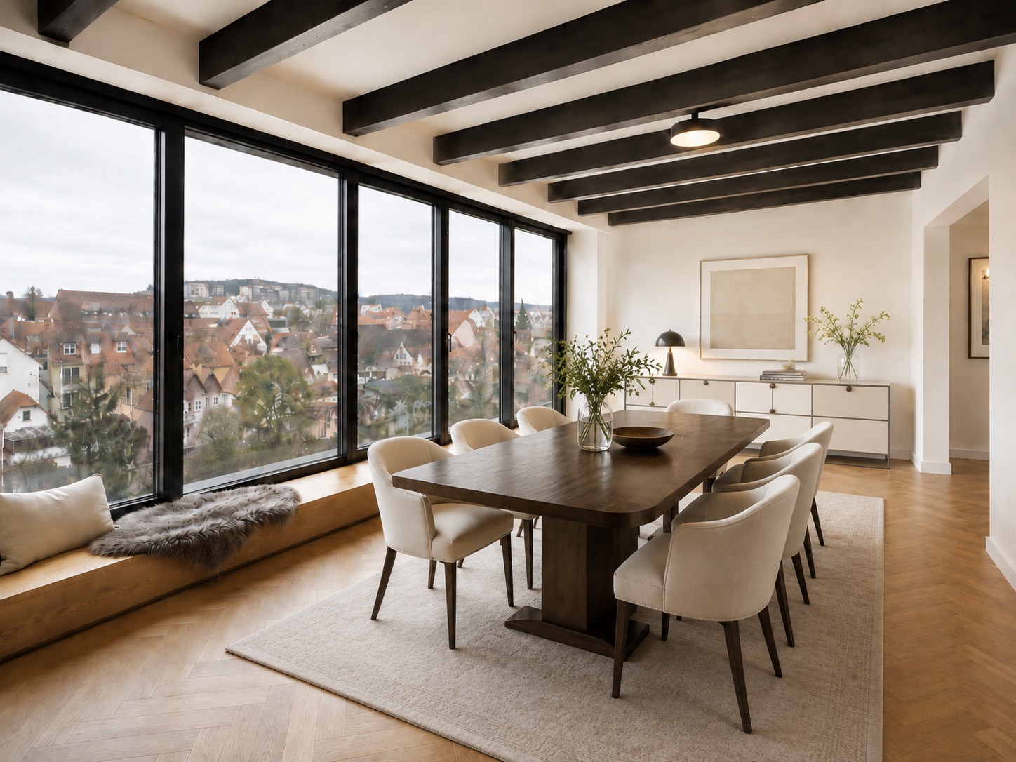 Helles Esszimmer mit großem Holztisch, acht Stühlen und Panoramafenster mit Stadtblick.