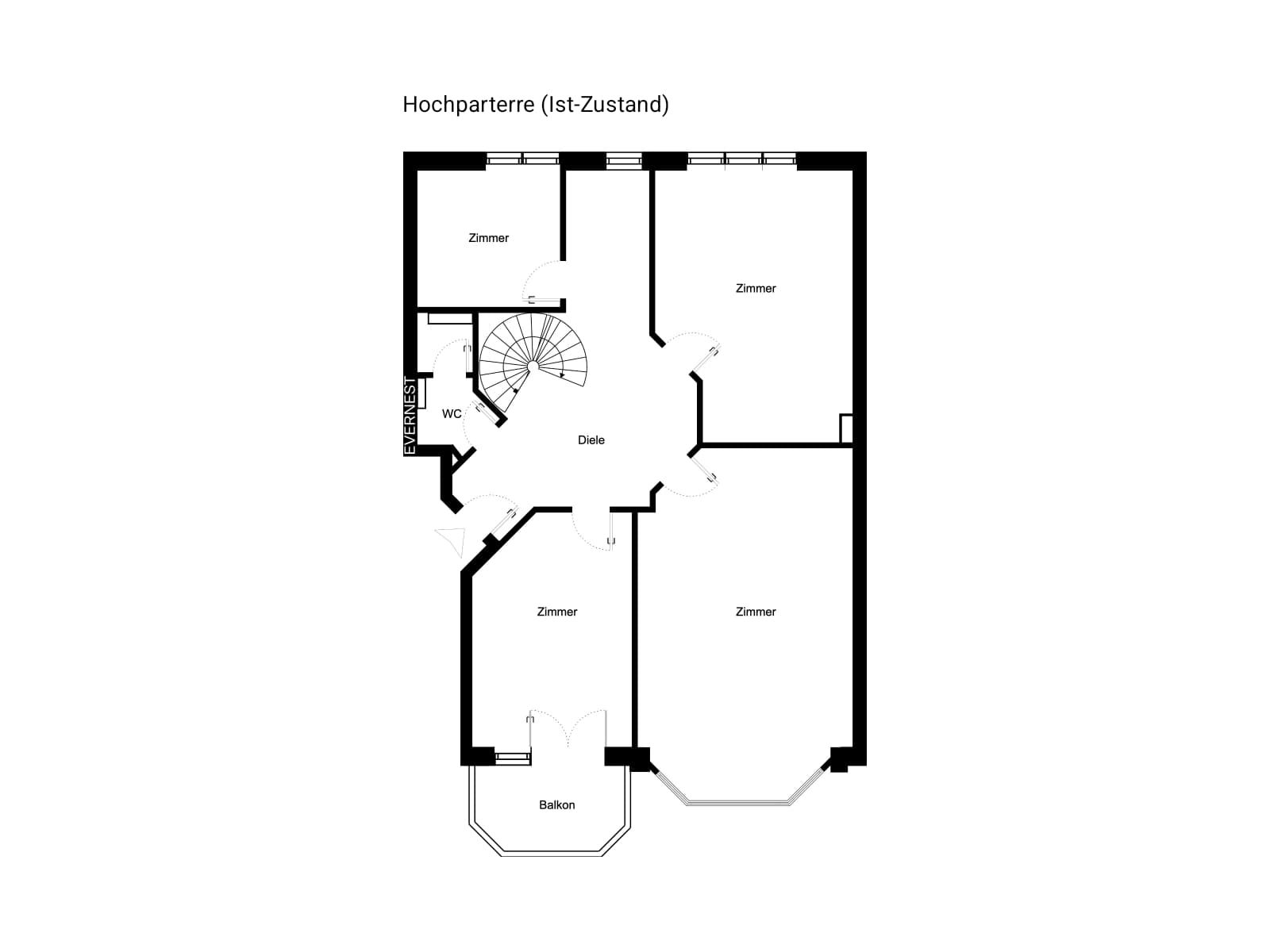 Grundriss mit vier Zimmern, Diele, WC, Balkon und Treppe.