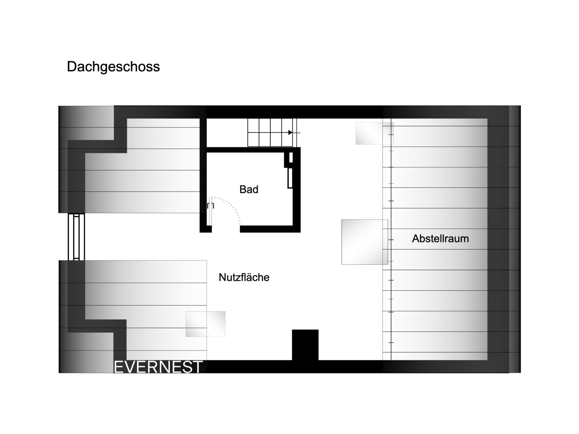 Grundriss eines Dachgeschosses mit Bad, Nutzfläche und Abstellraum.