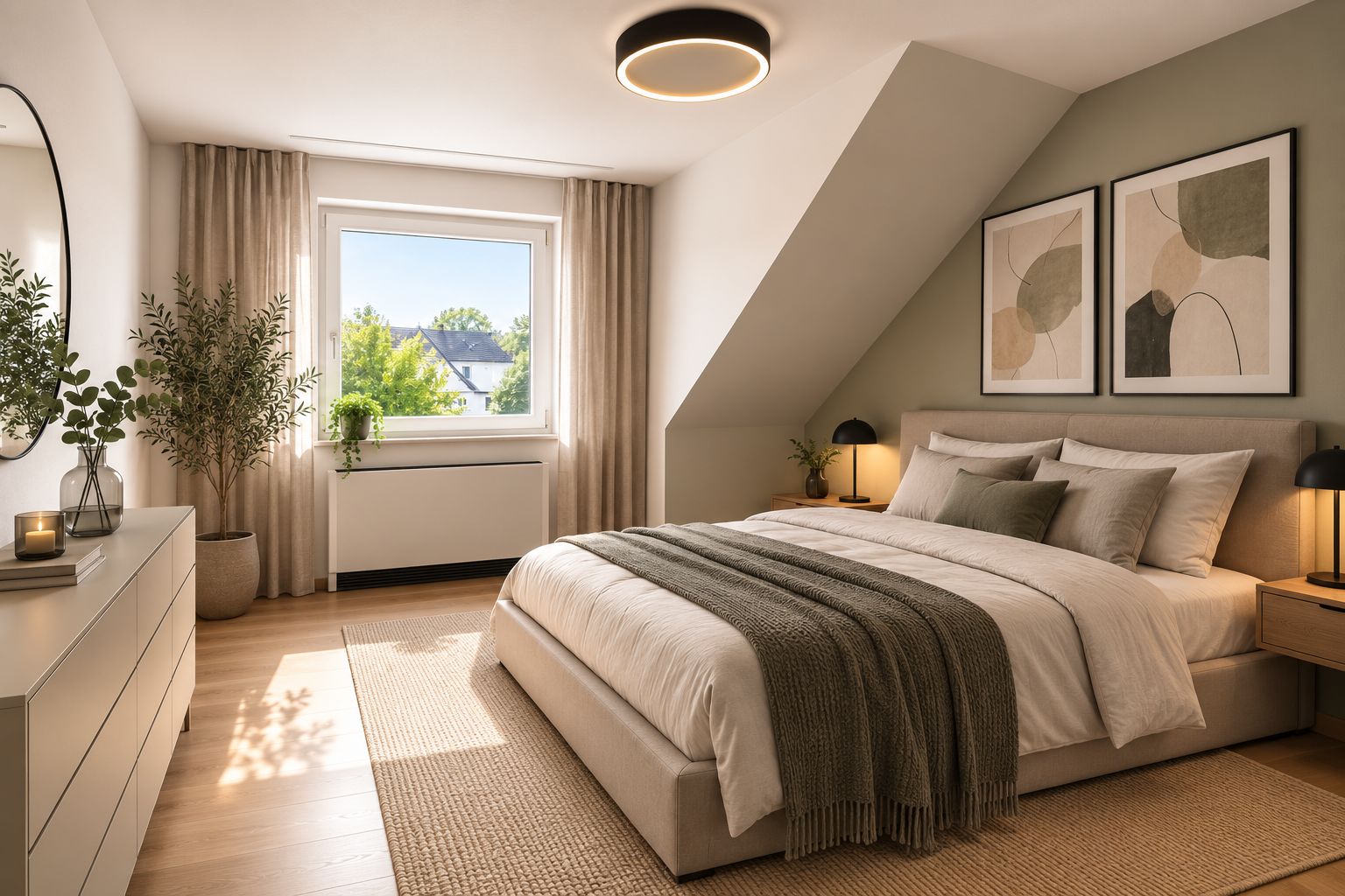 Helles Schlafzimmer mit großem Bett, Kommode, Pflanzen und zwei Wandbildern.