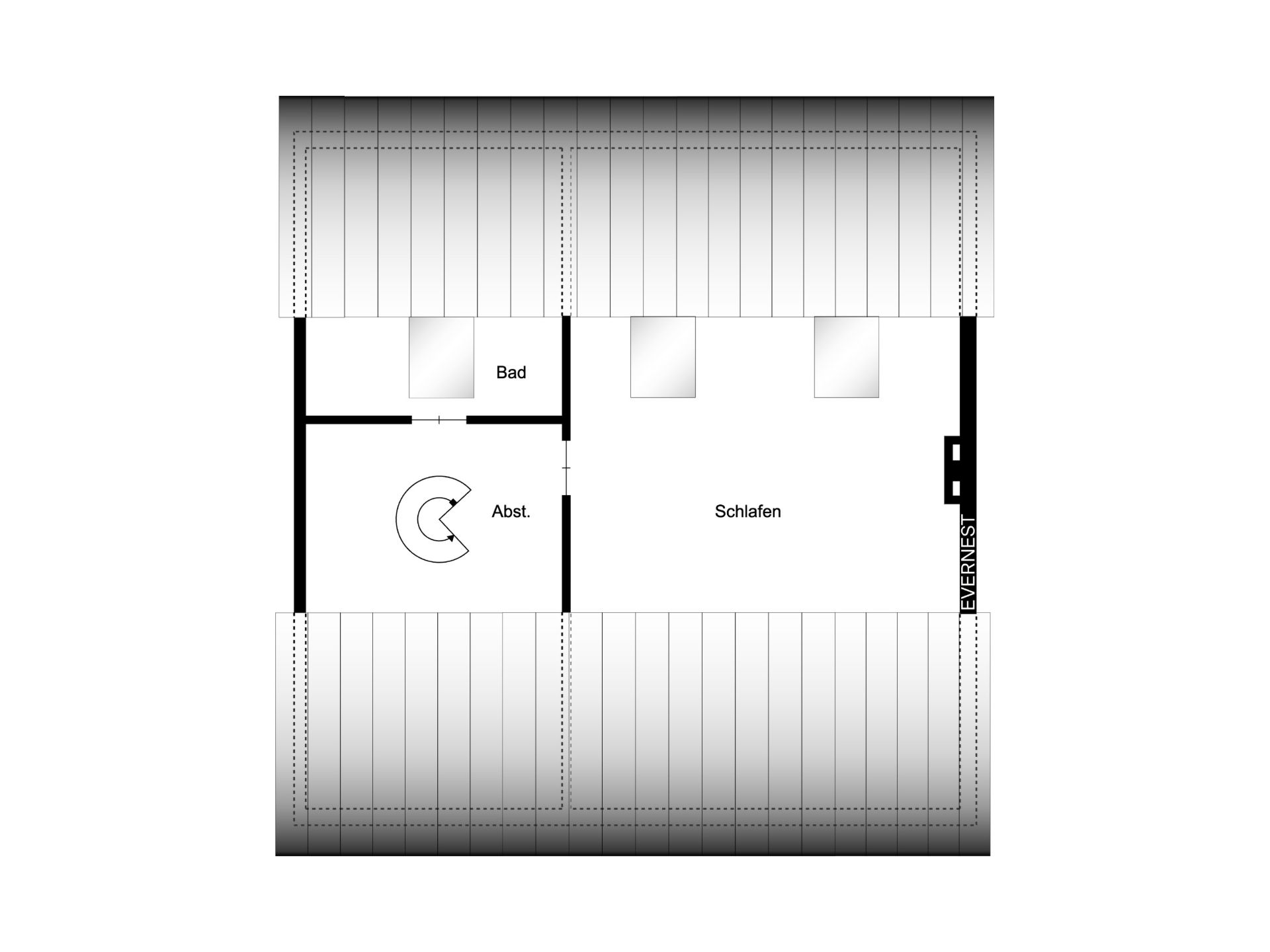 Grundriss mit Schlafzimmer, Bad und Abstellraum im Dachgeschoss.