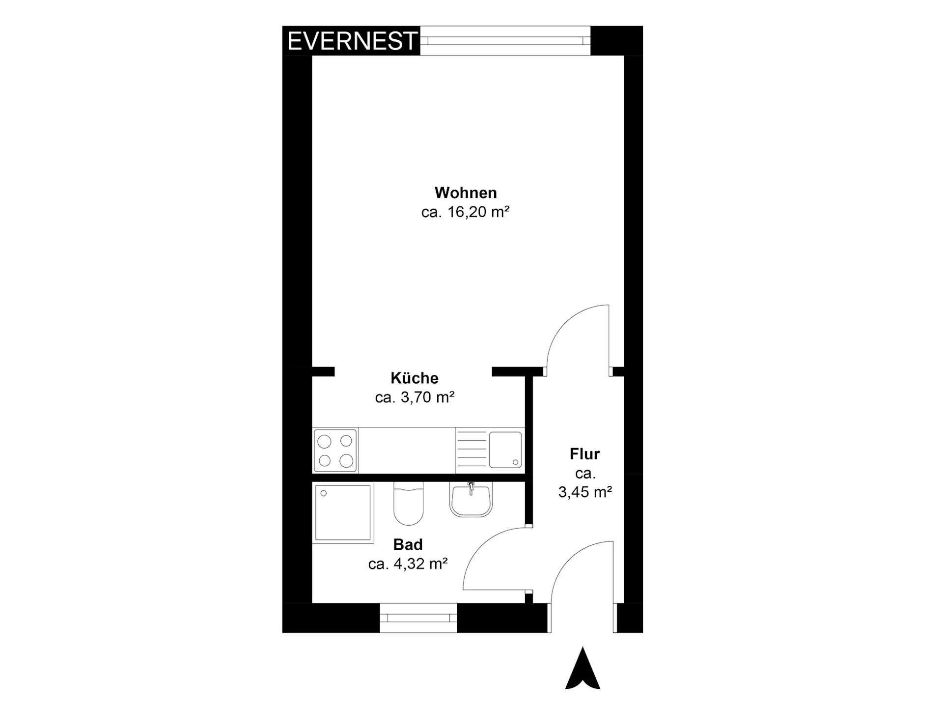 Grundriss einer Wohnung mit Wohnraum, Küche, Bad und Flur, Flächenangaben in Quadratmetern.