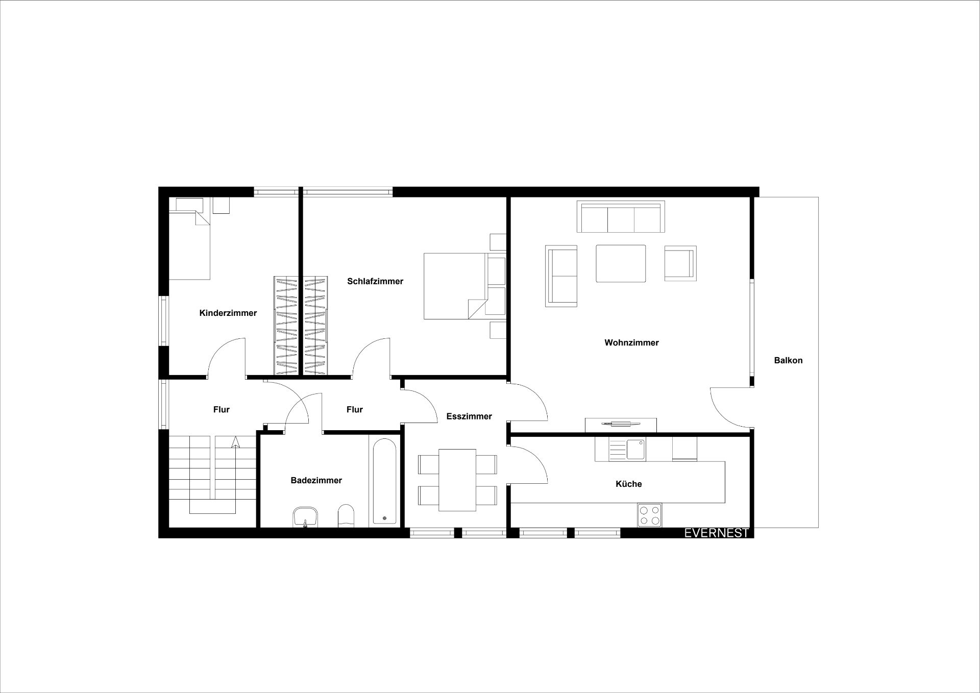 Grundriss einer Wohnung mit Wohnzimmer, Schlafzimmer, Kinderzimmer, Bad, Küche, Esszimmer und Balkon.