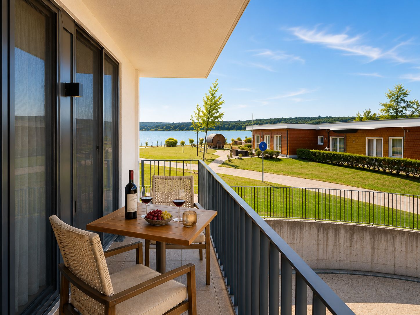Balkon mit Tisch, zwei Stühlen, Wein und Blick auf Garten sowie See.