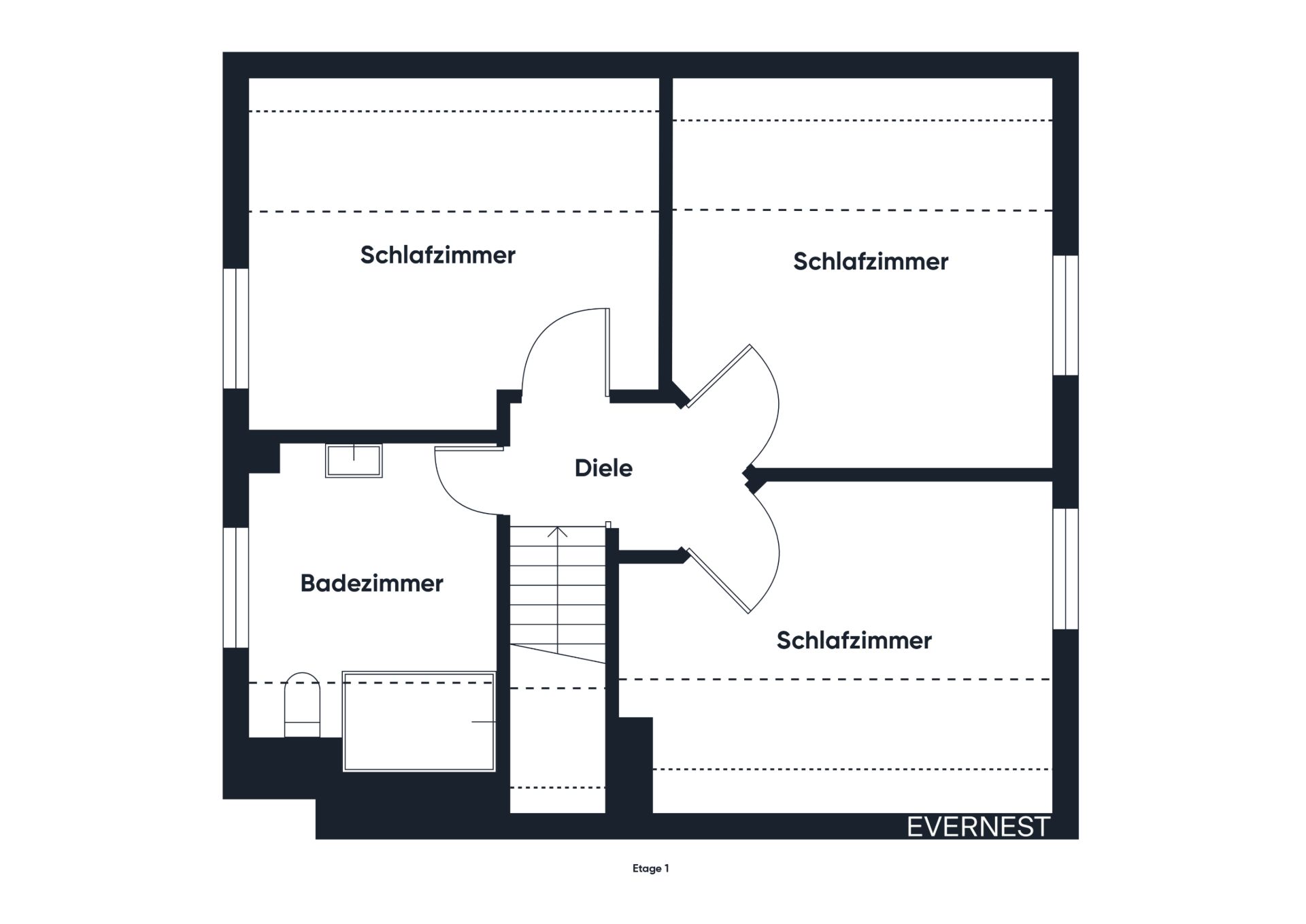 Grundriss mit drei Schlafzimmern, einem Badezimmer, einer Diele und Treppenaufgang.