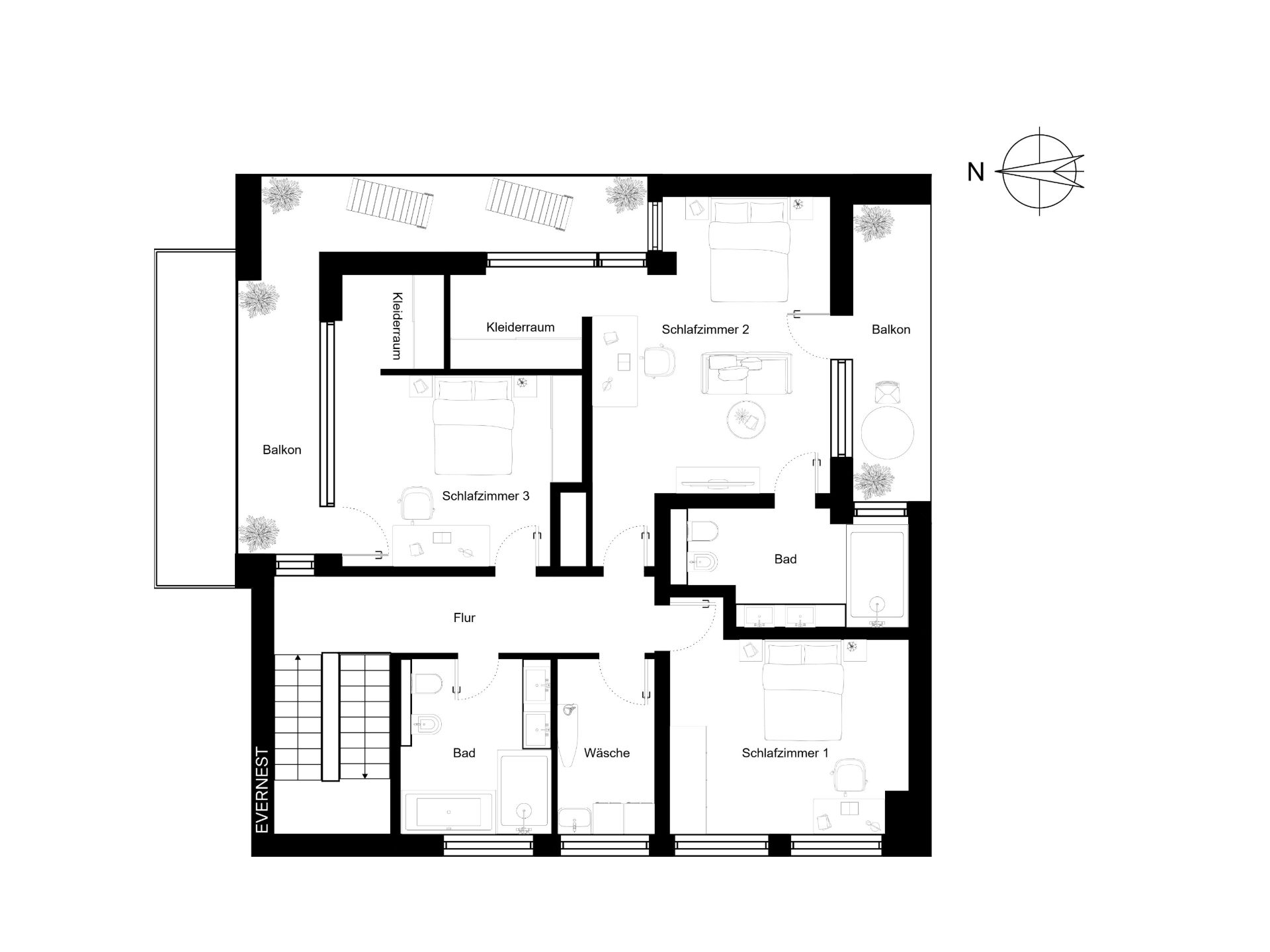 Grundriss mit drei Schlafzimmern, zwei Bädern, Wäscheraum und zwei Balkonen.