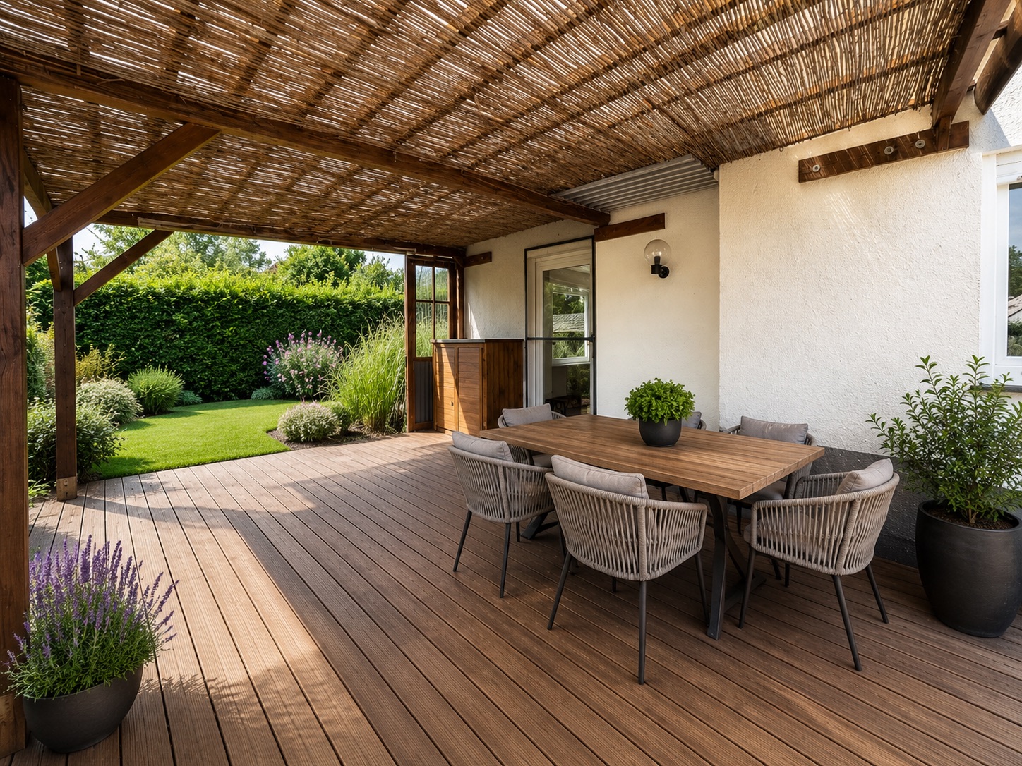 Überdachte Terrasse mit Holzboden, Esstisch, Stühlen und Topfpflanzen neben Garten.