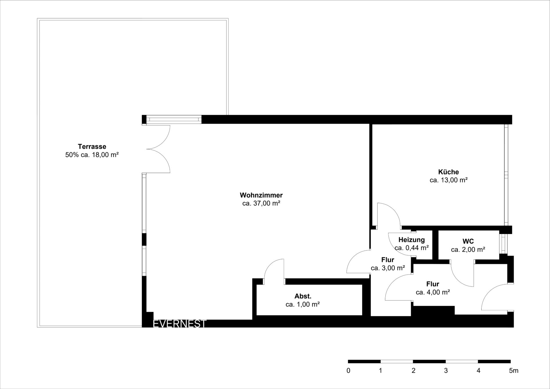 Grundriss mit Wohnzimmer, Küche, WC, Flur, Heizung, Abstellraum und Terrasse.
