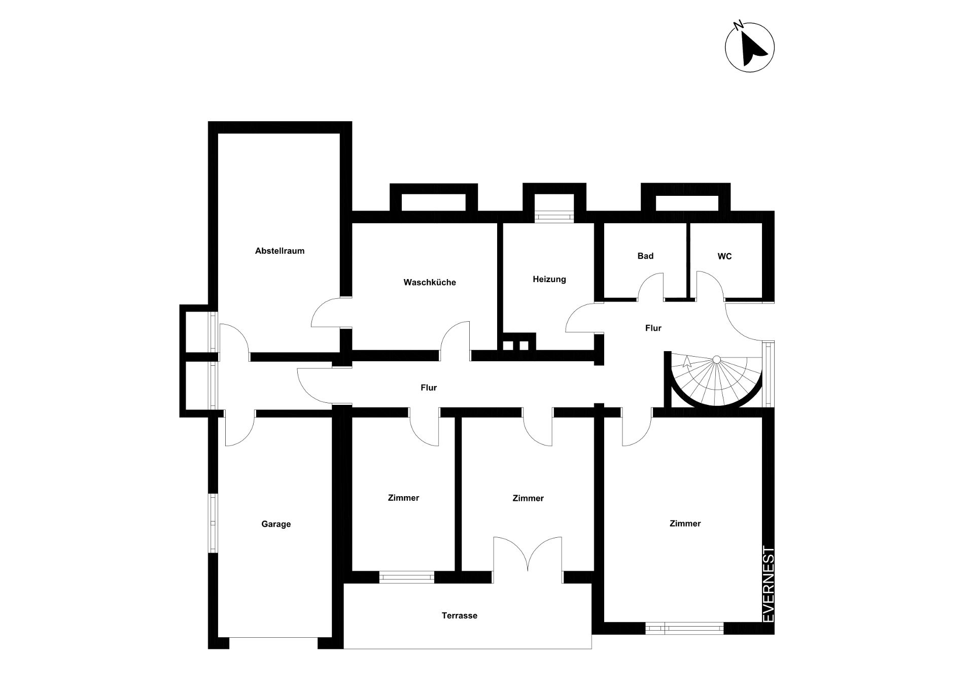 Grundriss mit Garage, Abstellraum, Waschküche, Heizung, Bad, WC, drei Zimmern und Terrasse.