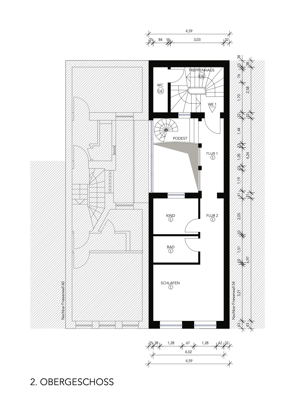 Grundriss des zweiten Obergeschosses mit Schlafzimmer, Bad, Kinderzimmer und Treppenhaus.