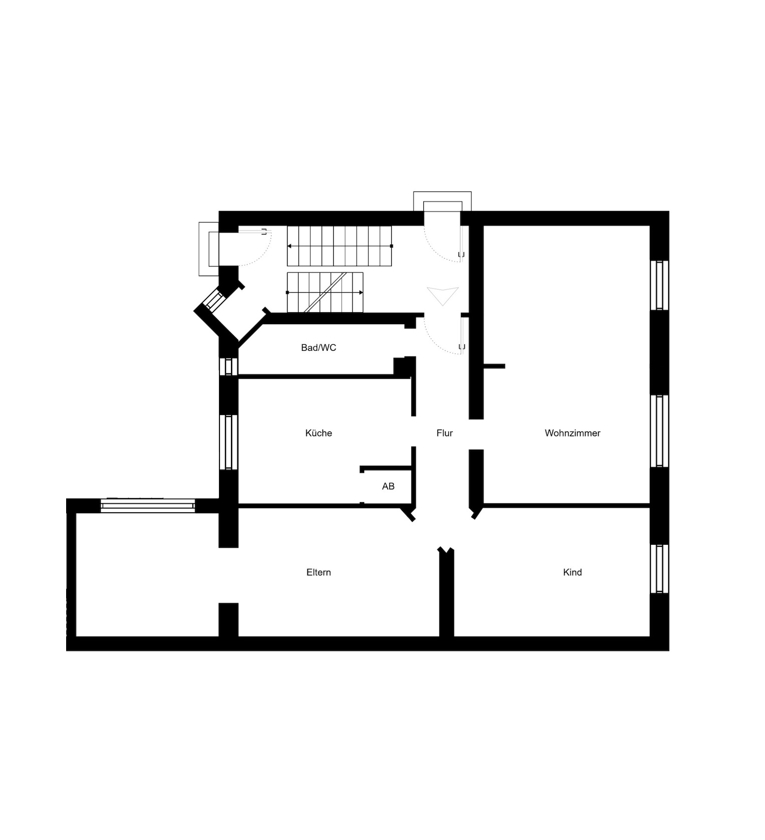 Grundriss mit Wohnzimmer, Küche, Bad/WC, Eltern-, Kinderzimmer und Flur.