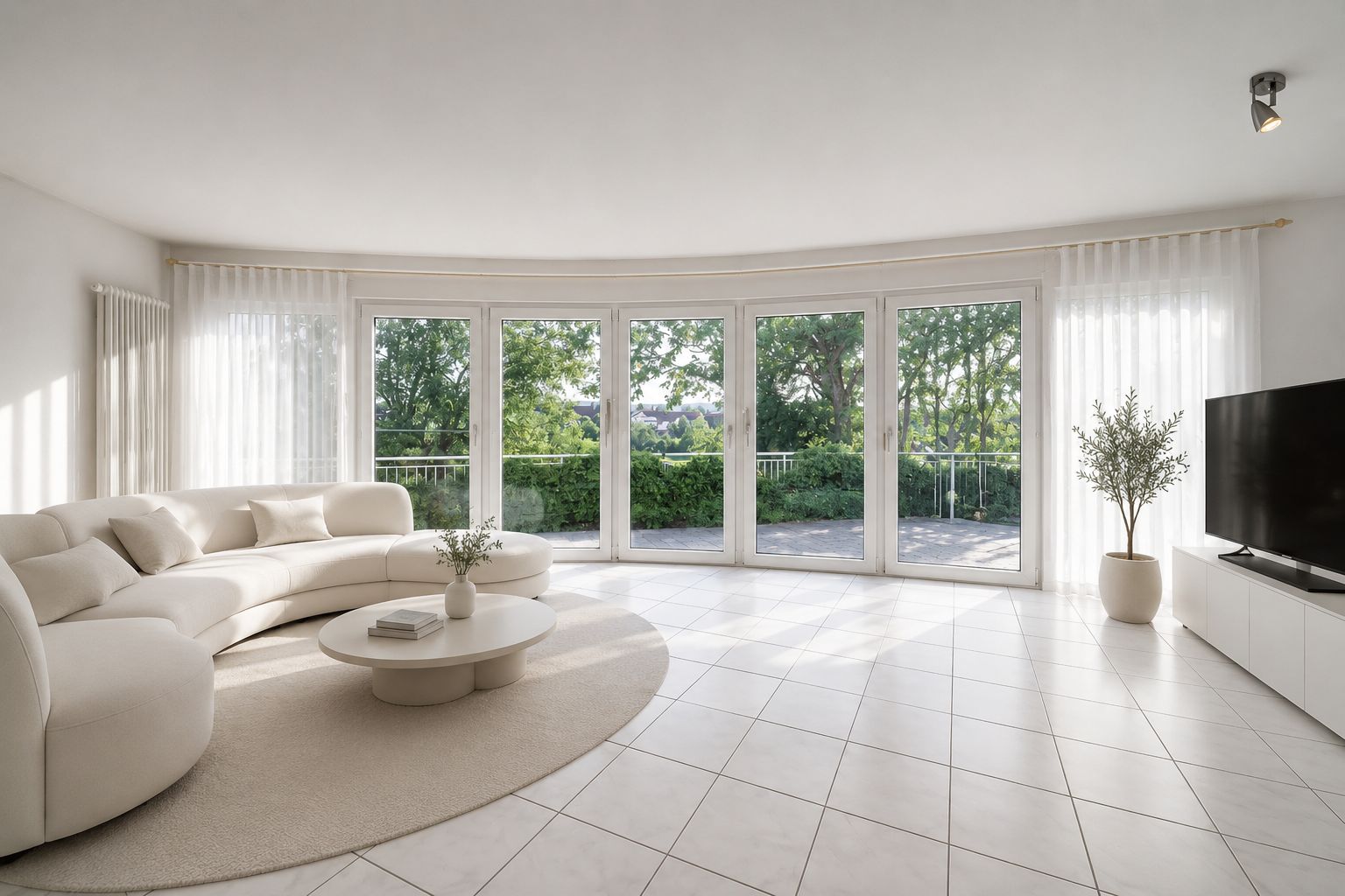 Helles Wohnzimmer mit runder Couch, Glastüren, Couchtisch, Fernseher und Pflanzen.