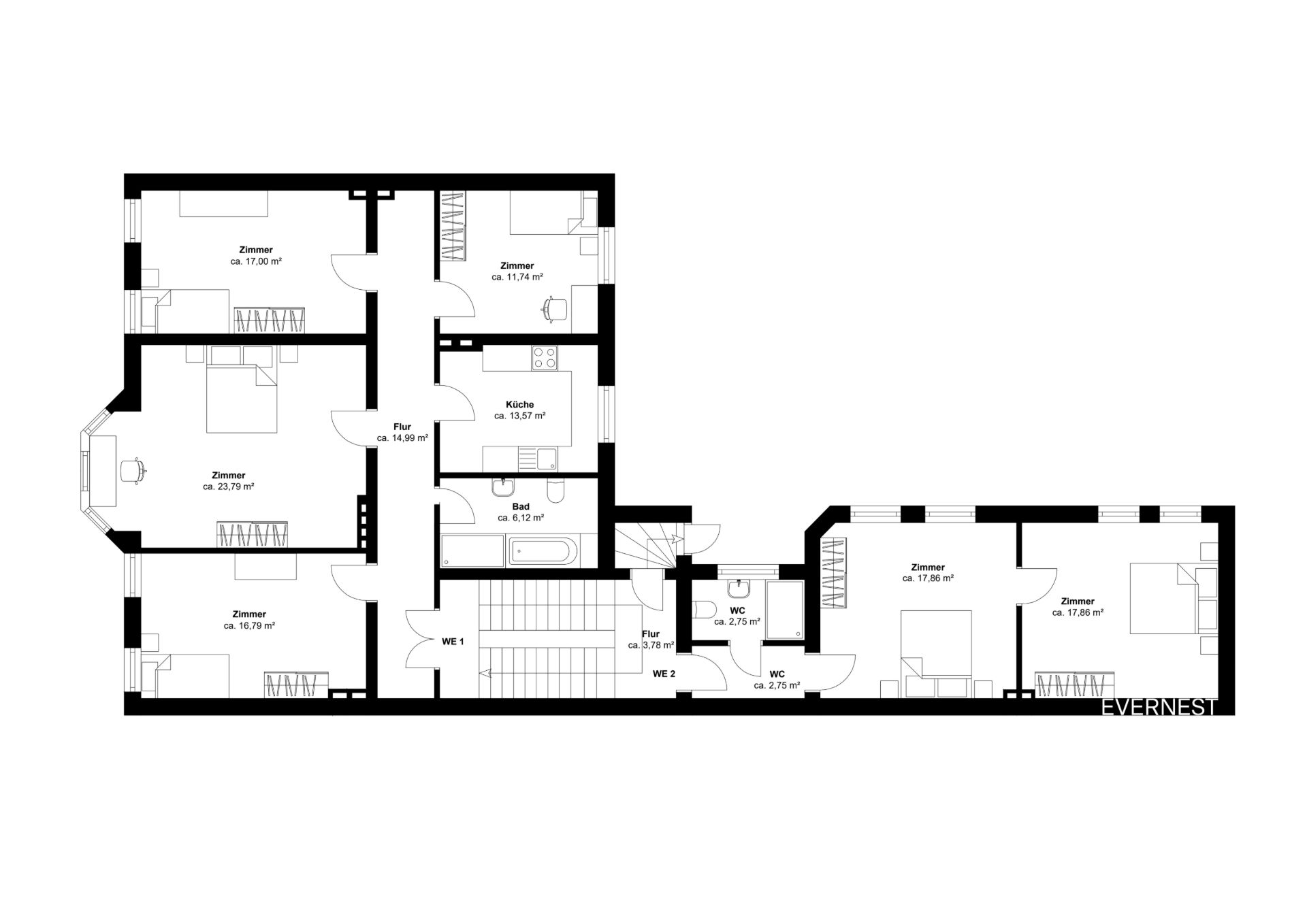 Grundriss einer Wohnung mit mehreren Zimmern, Küche, Bad und Fluren.
