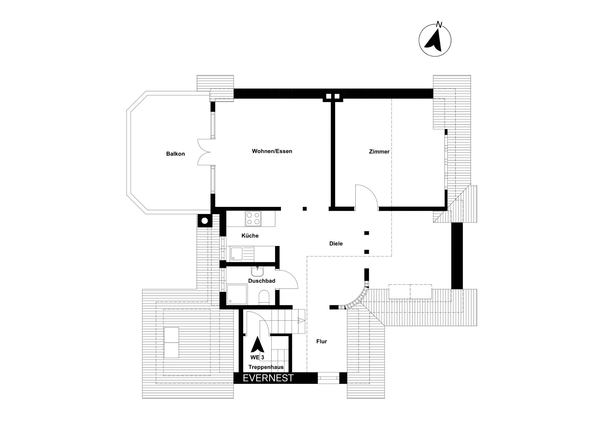 Grundriss einer Wohnung mit Balkon, Wohn-/Essbereich, Zimmer, Küche, Duschbad und Flur.