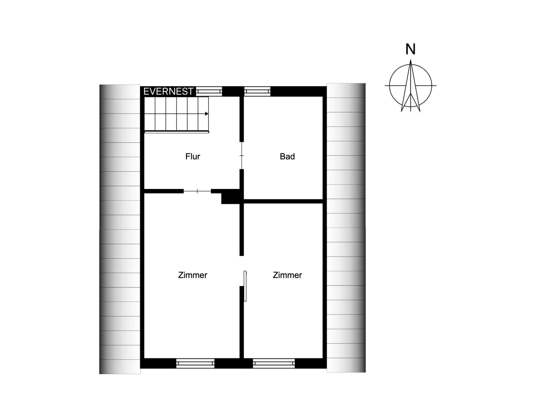 Grundriss mit Flur, Bad und zwei Zimmern, Treppe oben links.