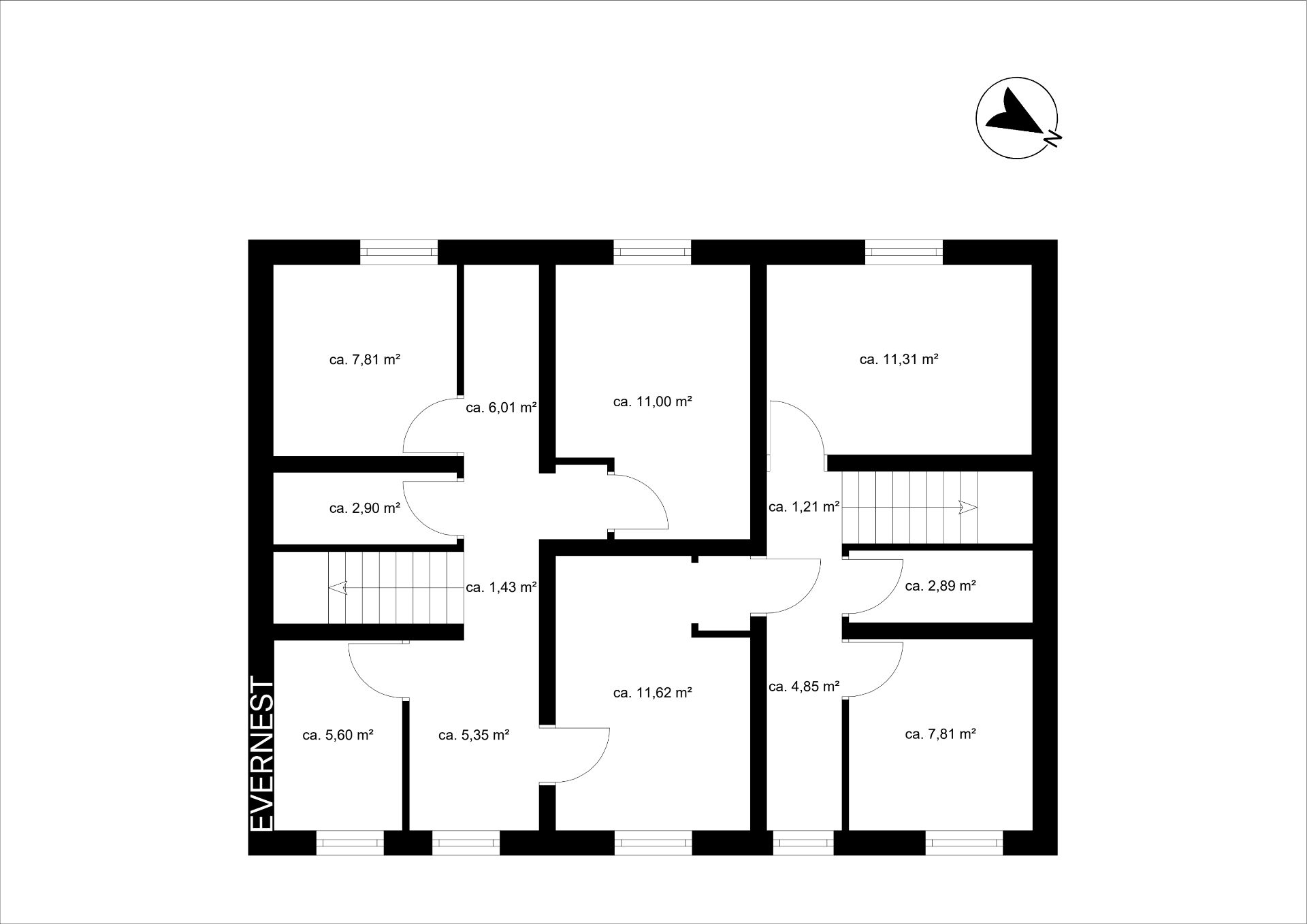 Schwarz-weißer Grundriss einer Wohnung mit mehreren Räumen und Flächenangaben in Quadratmetern.