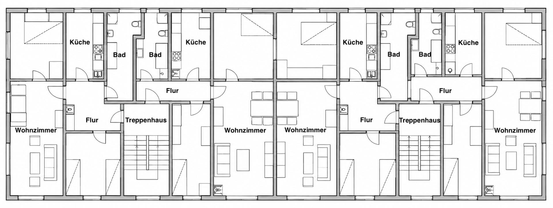 Grundriss eines Mehrfamilienhauses mit mehreren Wohnungen, Wohnzimmern, Küchen, Bädern und Fluren.