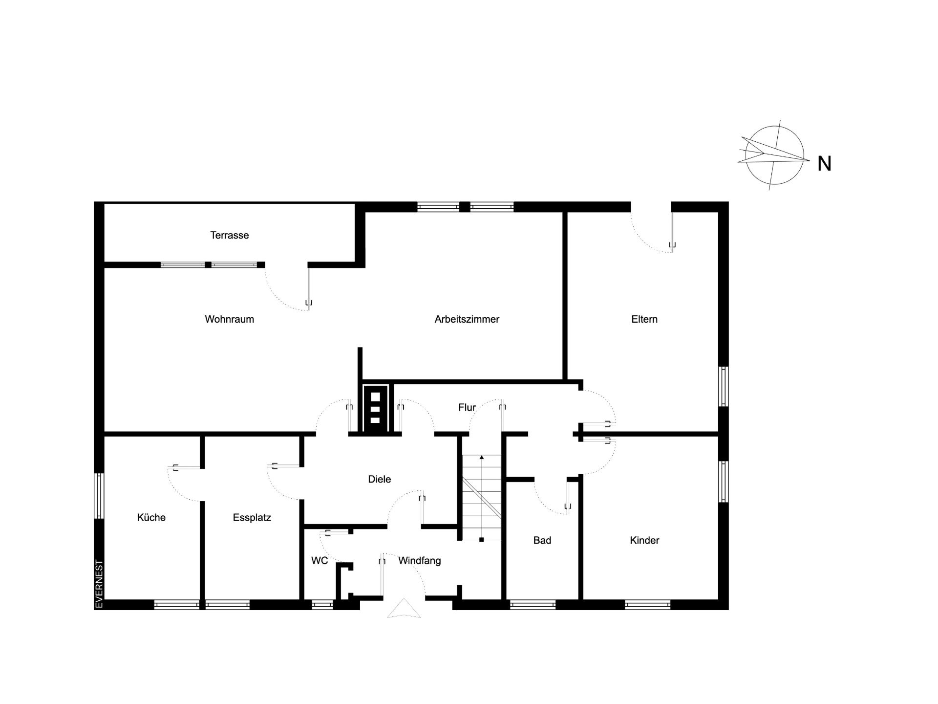 Grundriss mit Terrasse, Wohnzimmer, Küche, Bad, Arbeitszimmer, Eltern- und Kinderzimmer.