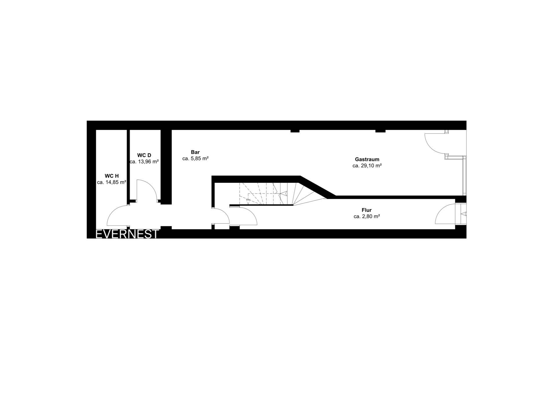 Grundriss mit Gastraum, Bar, Flur, zwei WCs und Treppe in einem Wohngebäude.