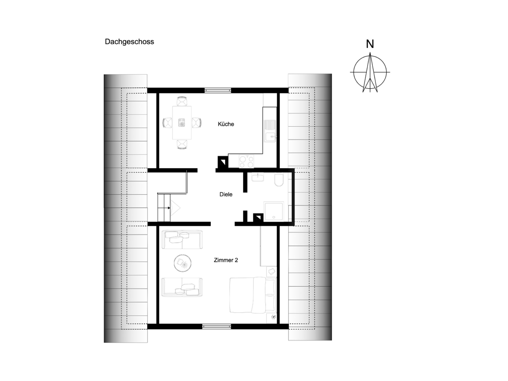 Grundriss eines Dachgeschosses mit Küche, Zimmer 2, Diele und Treppe.