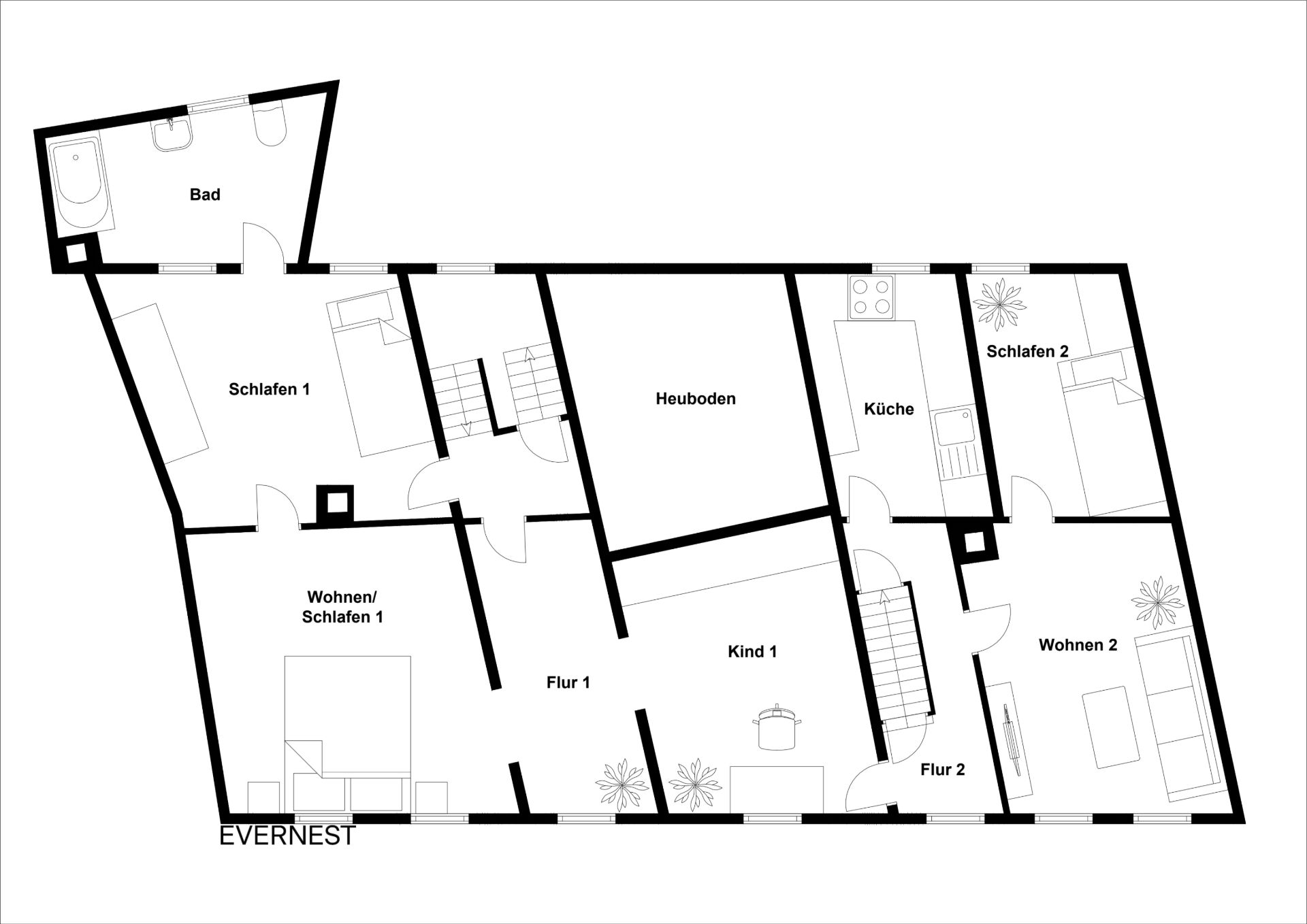 Grundriss einer Wohnung mit zwei Schlafzimmern, zwei Wohnzimmern, Küche, Bad und weiteren Räumen.