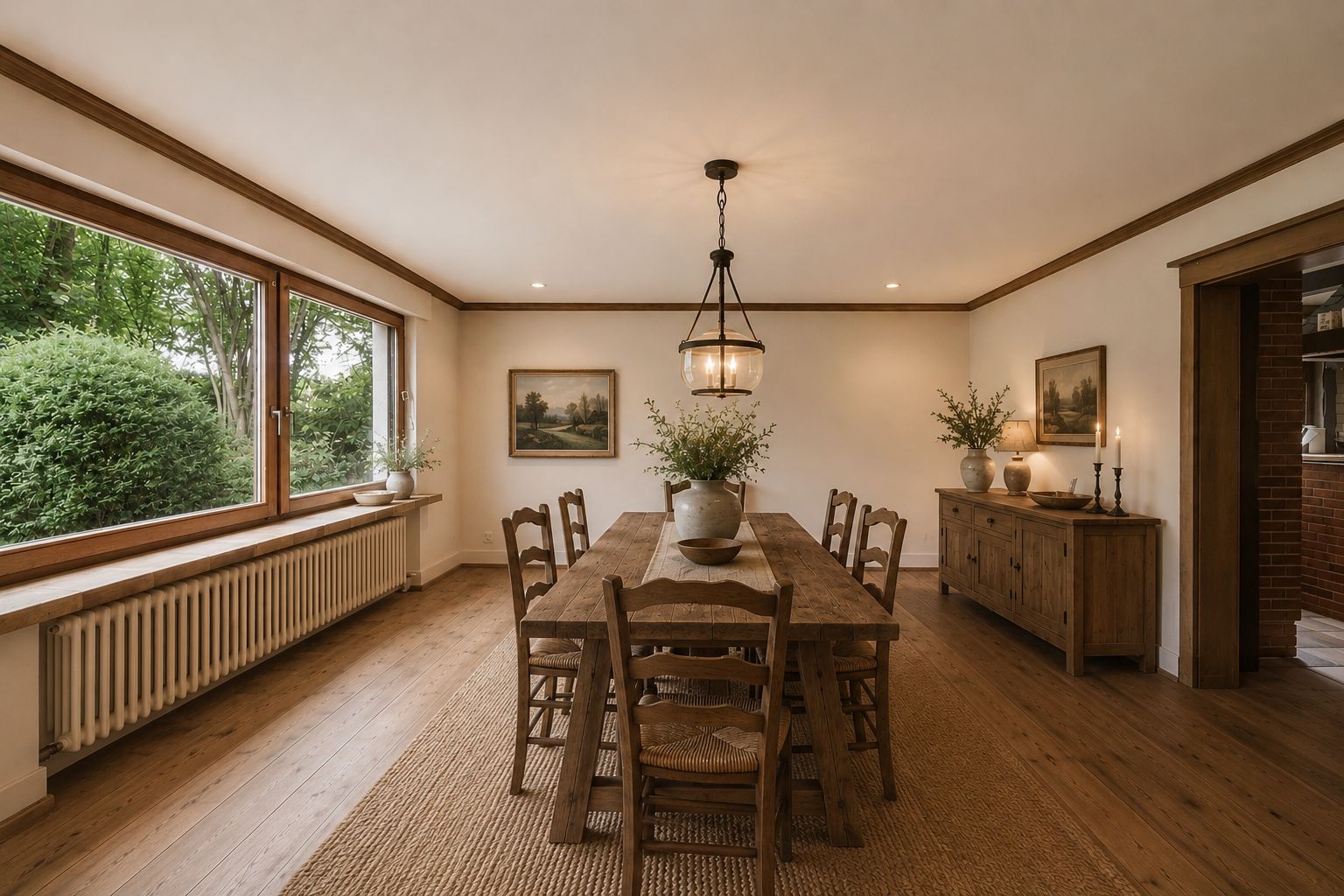 Esszimmer mit großem Holztisch, acht Stühlen, Sideboard und großen Fenstern mit Blick ins Grüne.