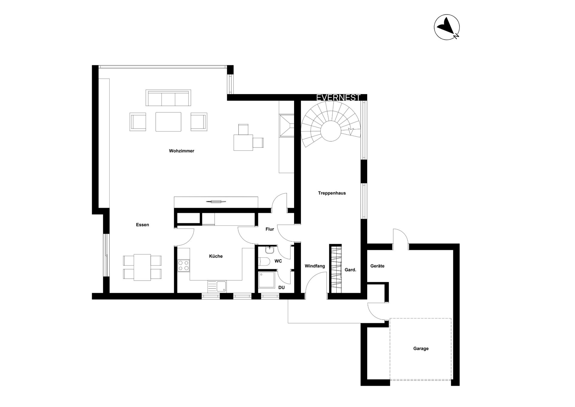 Grundriss mit Wohnzimmer, Küche, Essbereich, WC, Dusche, Treppenhaus und Garage.