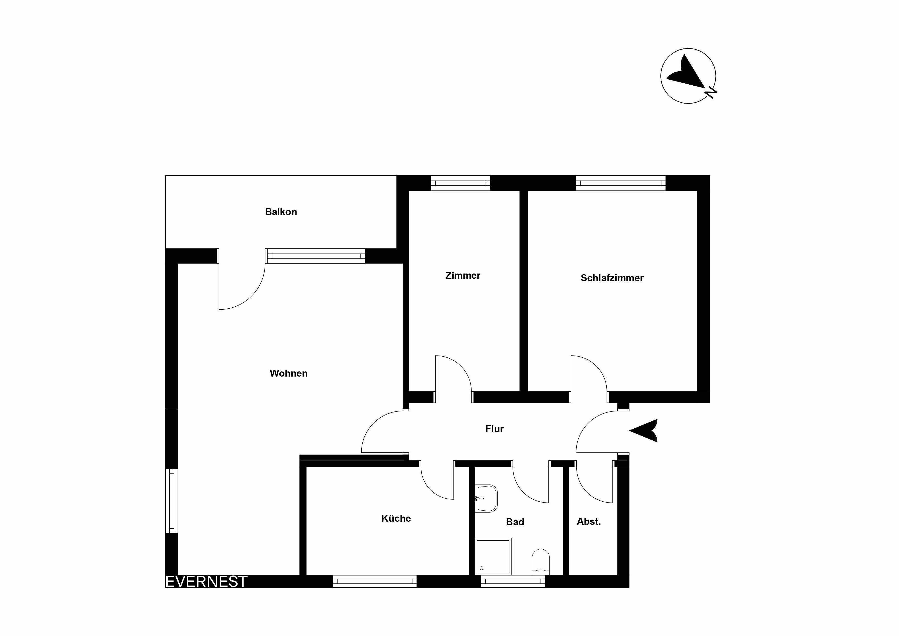 Grundriss einer Wohnung mit Wohnzimmer, Schlafzimmer, Zimmer, Küche, Bad, Flur, Abstellraum und Balkon.