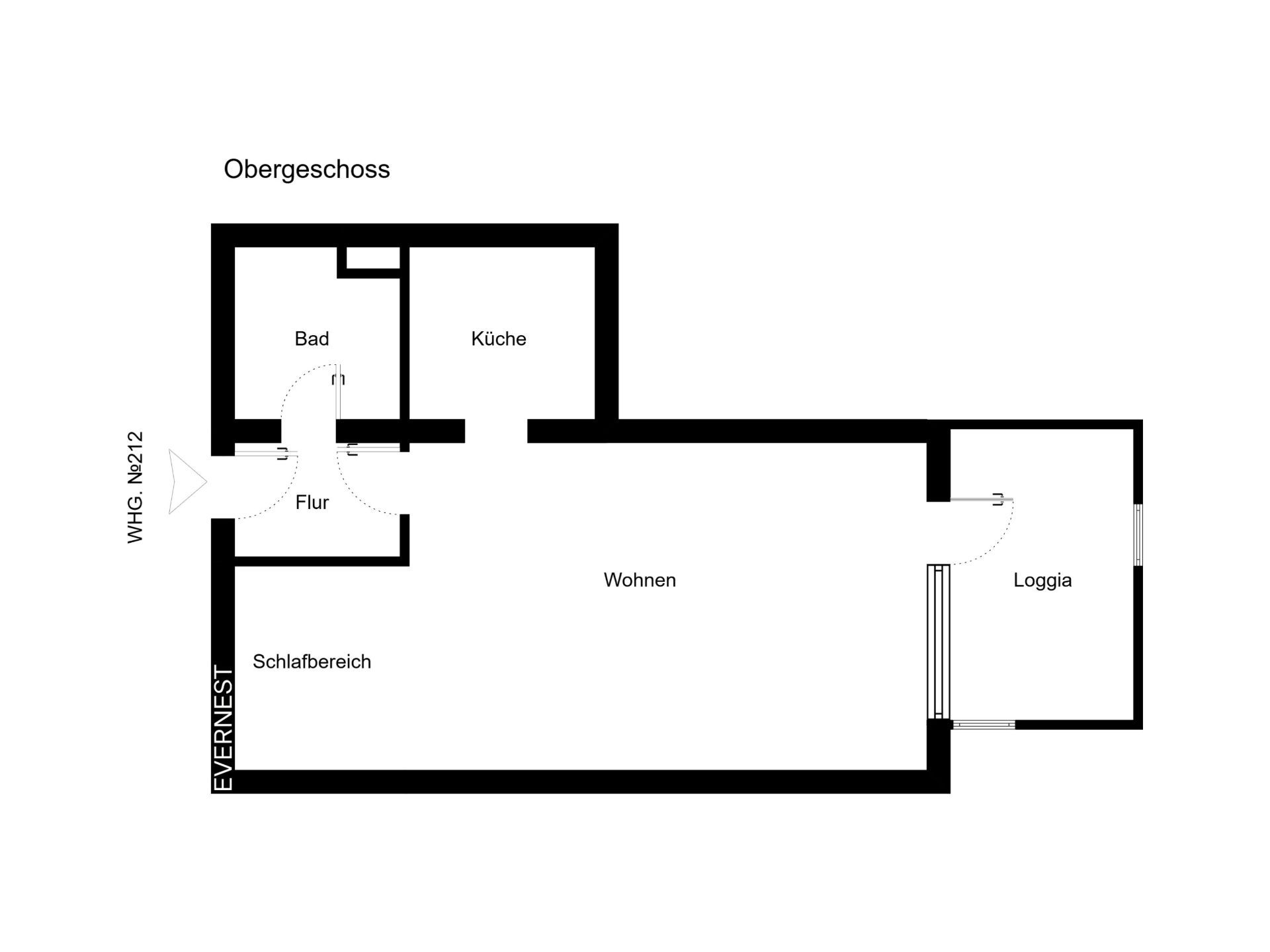 Grundriss einer Wohnung mit Wohnbereich, Schlafbereich, Küche, Bad, Flur und Loggia.