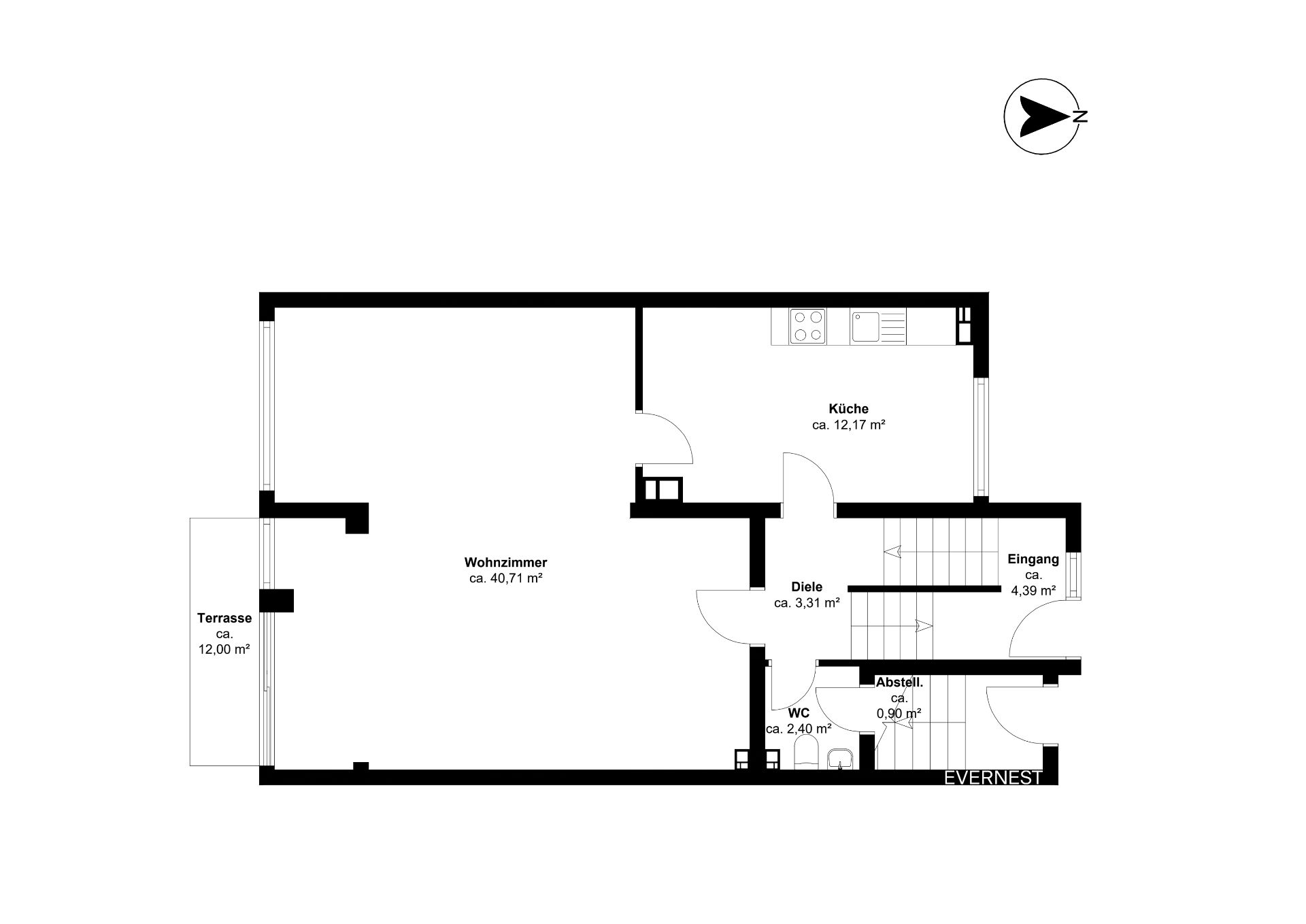 Grundriss mit Wohnzimmer, Küche, WC, Abstellraum, Diele, Eingang und Terrasse.