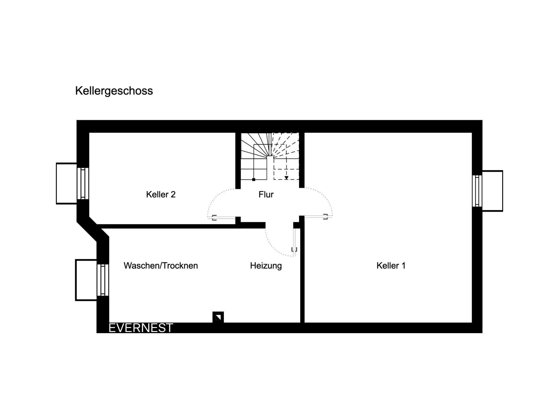 Grundriss eines Kellergeschosses mit Flur, zwei Kellerräumen, Heizungsraum und Waschen/Trocknen.