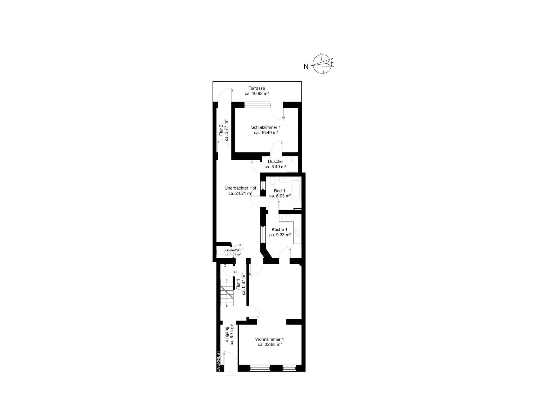 Grundriss einer Wohnung mit Wohnzimmer, Schlafzimmer, Küche, Bad, Terrasse und Flur.