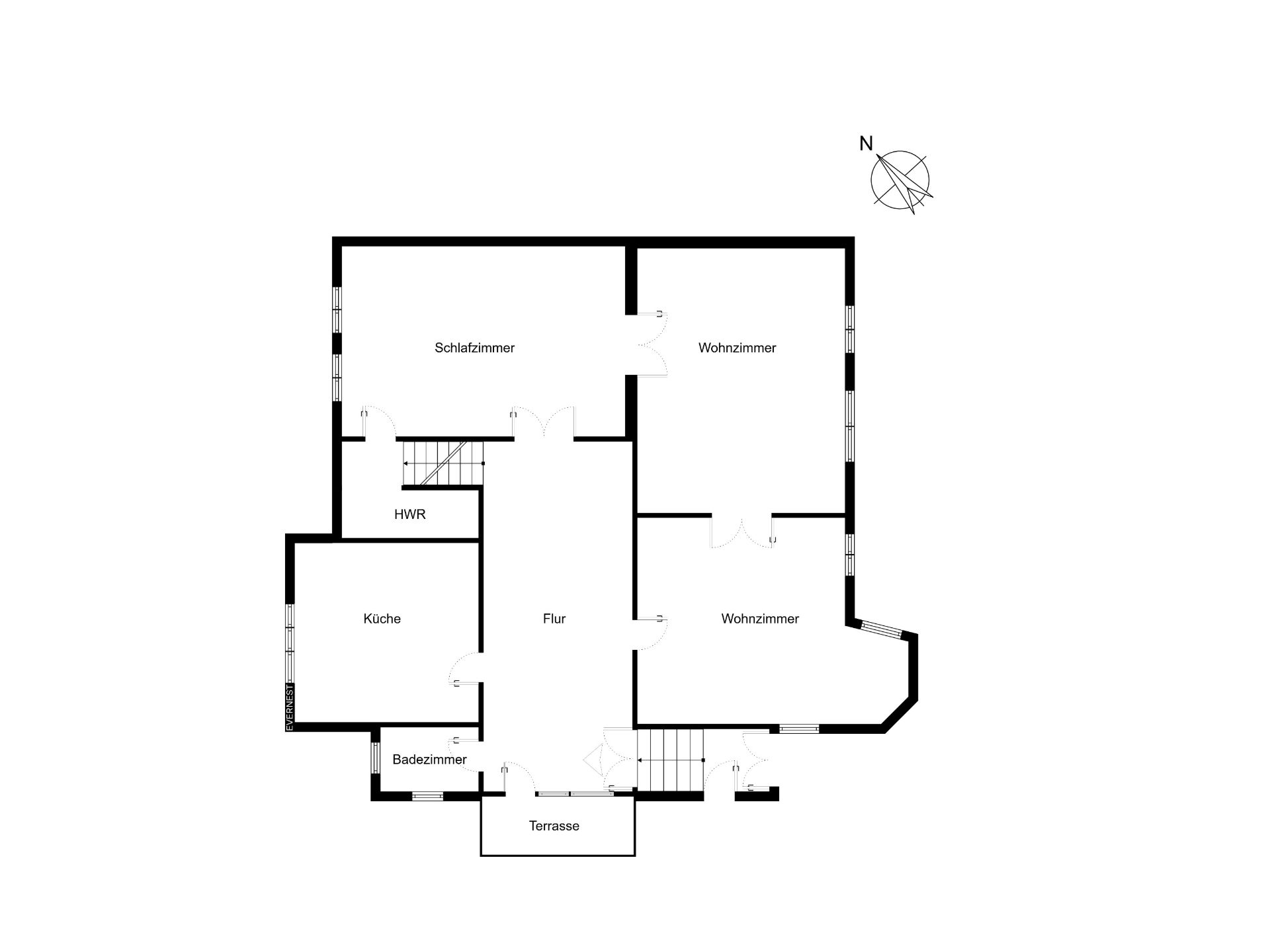 Grundriss einer Wohnung mit Schlafzimmer, Wohnzimmer, Küche, Badezimmer, HWR, Flur und Terrasse.