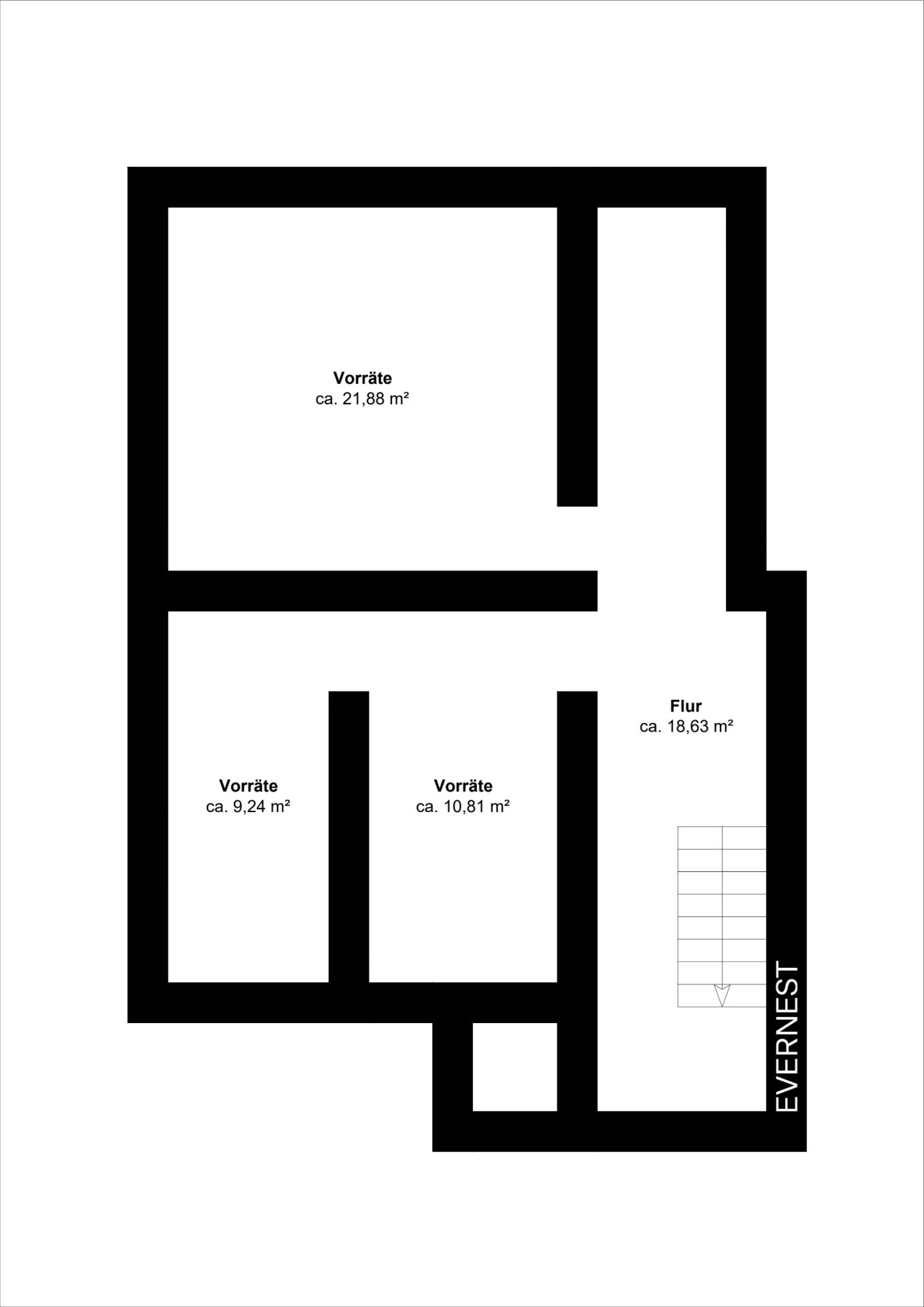 Grundriss mit drei Vorratsräumen und einem Flur, Flächenangaben in Quadratmetern.