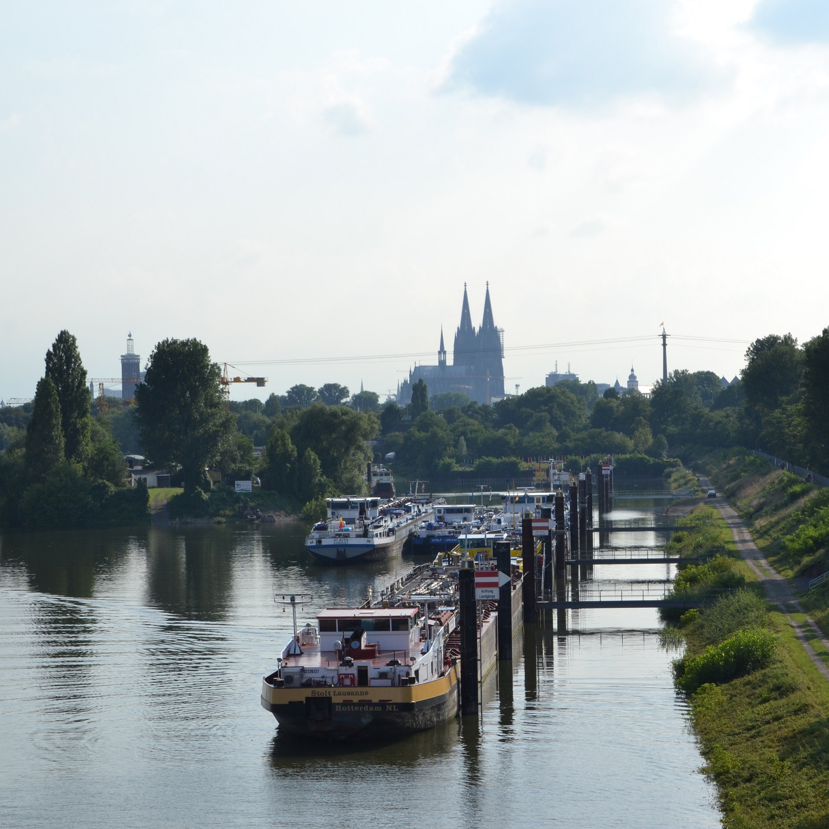 Frachtschiffe liegen an einem Flusskai, im Hintergrund Bäume und eine große Kathedrale.
