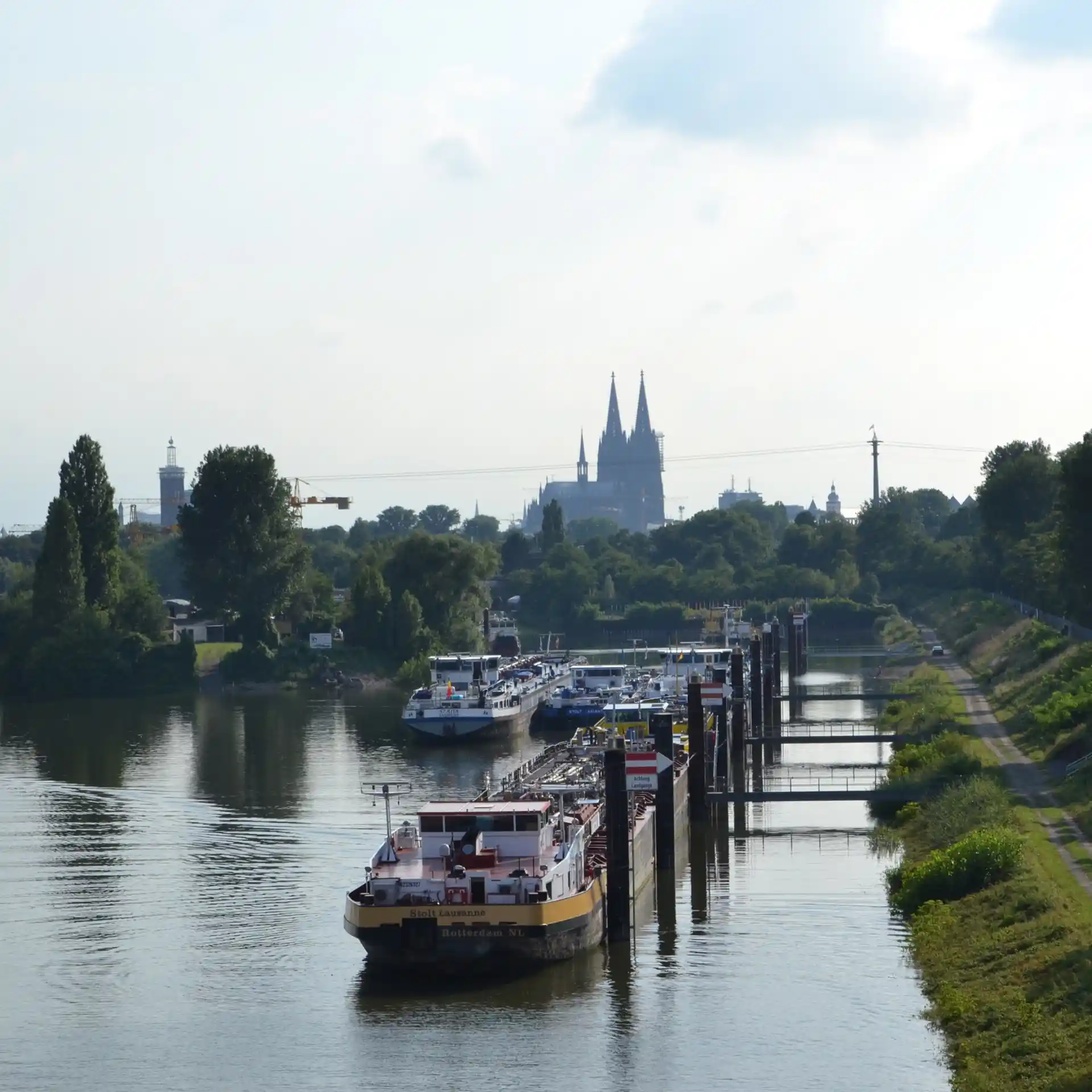 Frachtschiffe liegen an einem Flusskai, im Hintergrund Bäume und eine große Kathedrale.