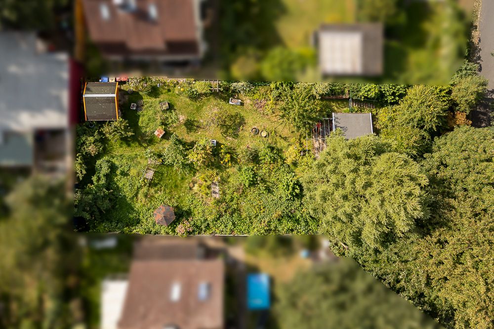 Luftaufnahme eines rechteckigen Gartens mit Rasen, Bäumen und mehreren kleinen Schuppen.