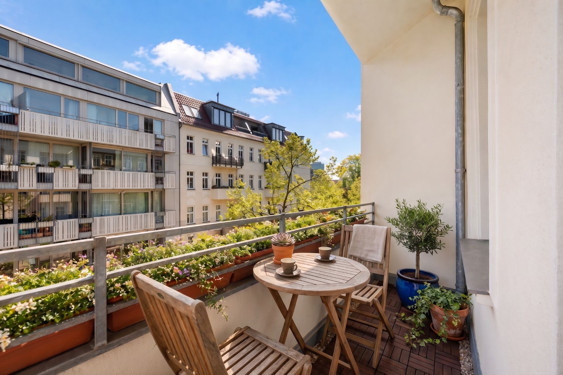 Balkon mit Holztisch, zwei Stühlen, Blumentöpfen und Blick auf Nachbargebäude.
